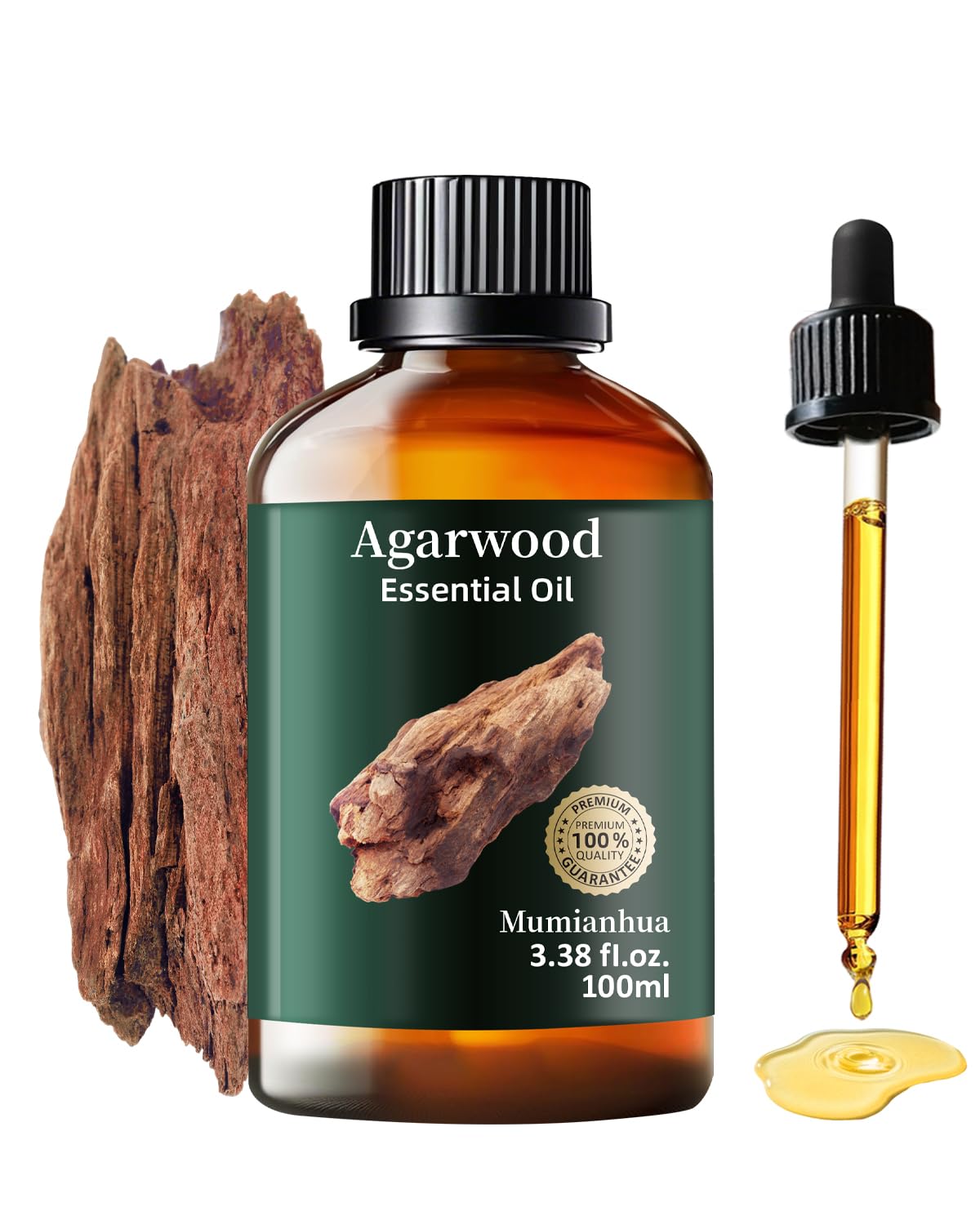 Mumianhua frasco frontal de agarwood mostrando presentación premium y aroma relajante
