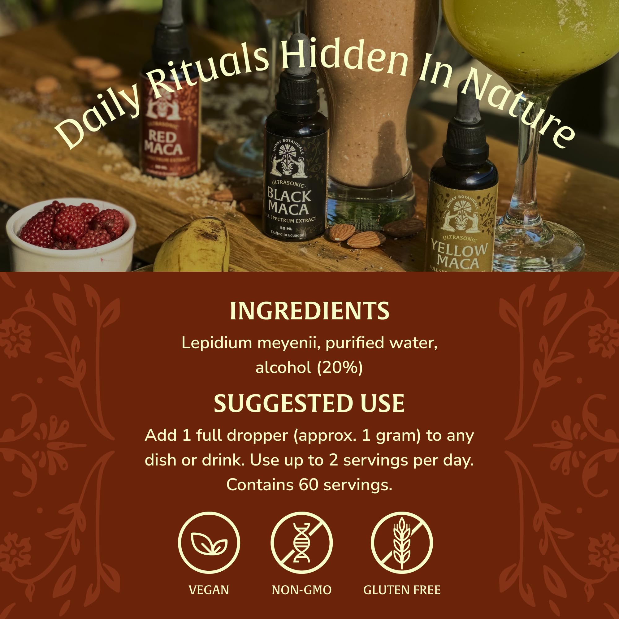 Munay Botanicals gotas sobre cuchara para dosificación precisa y cómoda