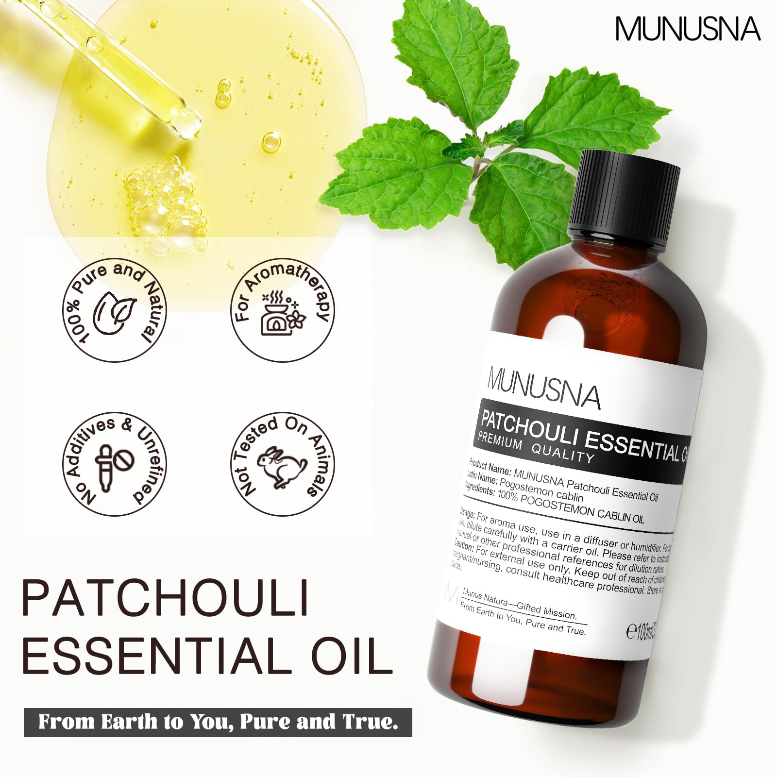 MUNUSNA aceite de patchouli mostrando textura líquida brillante para piel
