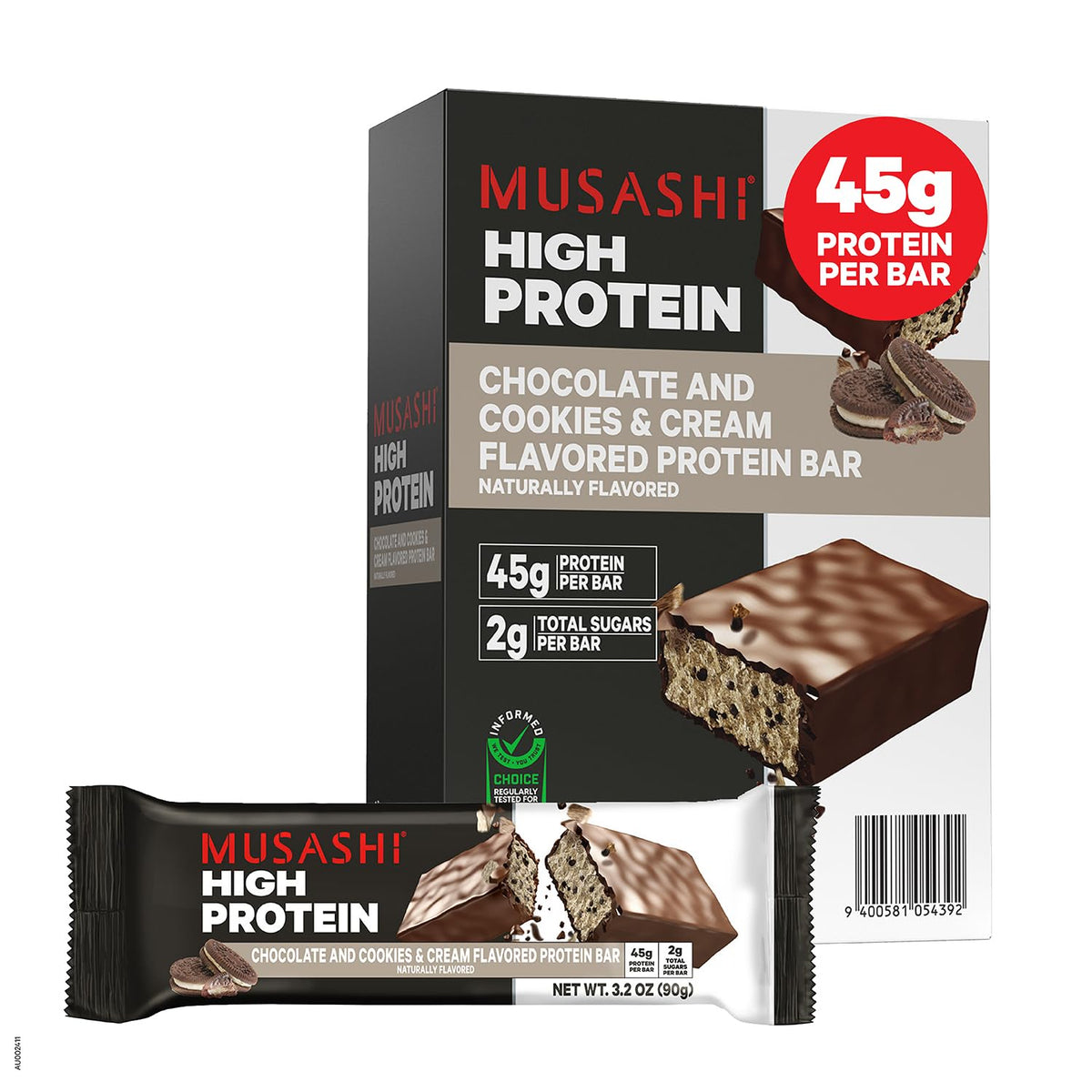 Musashi barra frontal con empaque Cookies & Cream, alto aporte proteico visible