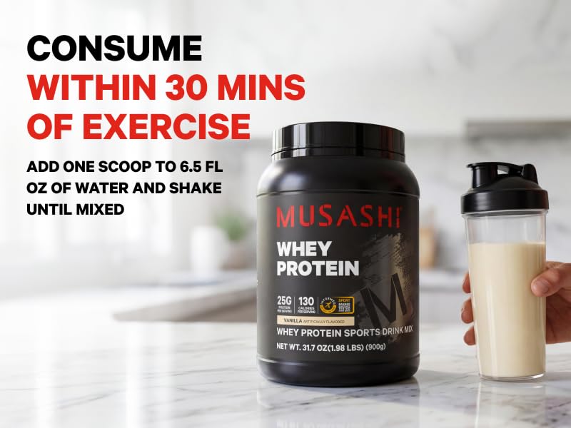 Musashi etiqueta nutricional enfocada en proteína por porción y calorías