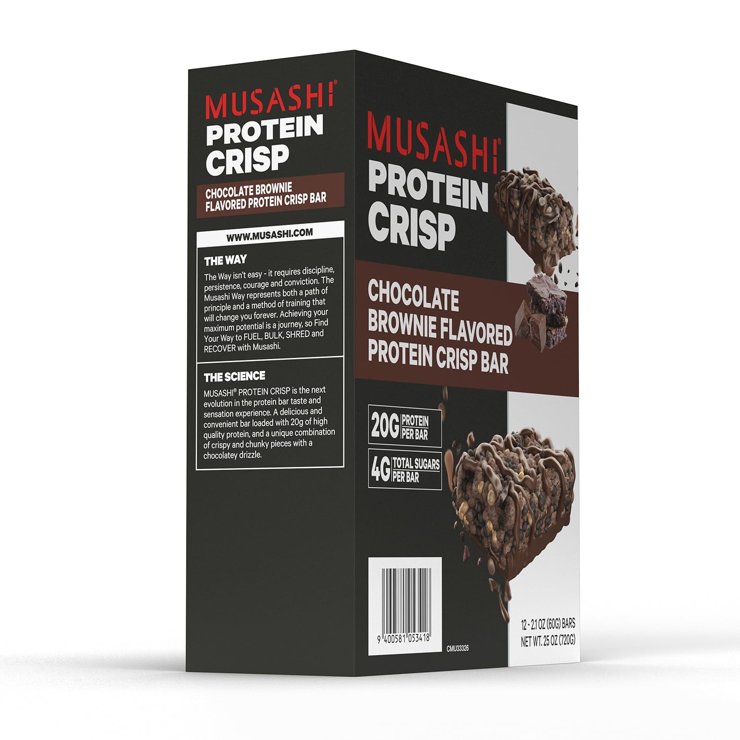 Musashi etiqueta con información nutricional y 20g proteína, transparencia de ingredientes