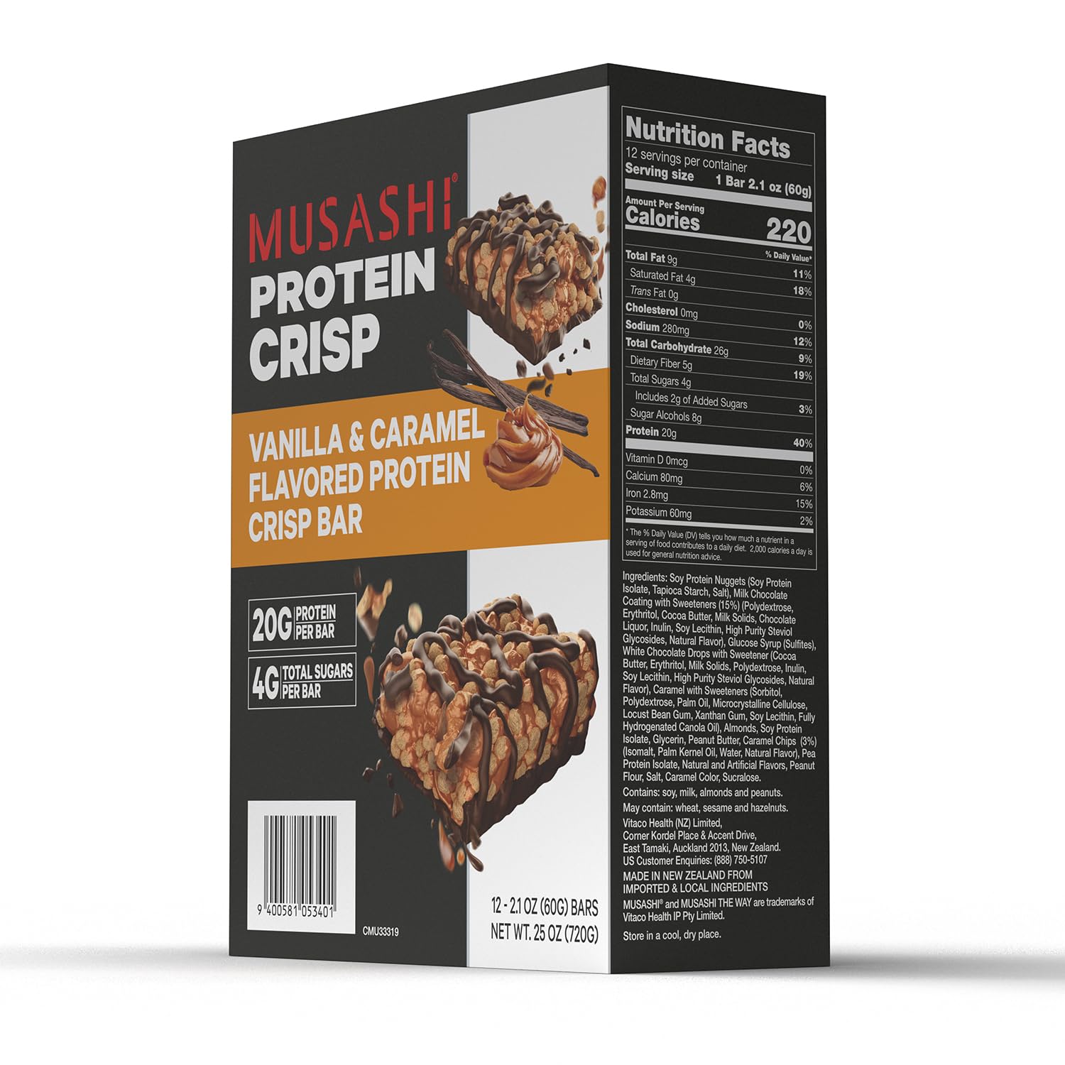 Musashi etiqueta nutricional enfatizando 20 g proteína y 4 g azúcares