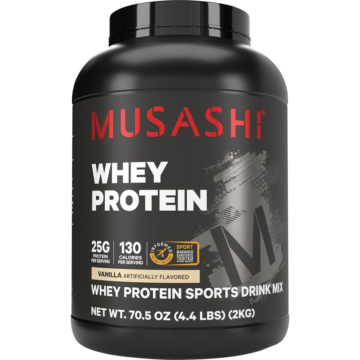 Musashi tarro frontal de vainilla mostrando tamaño 2 kg y conveniencia