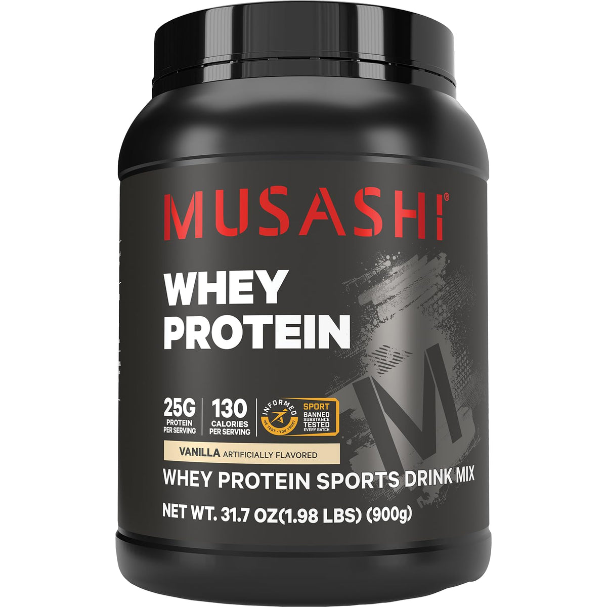 Musashi envase frontal vainilla mostrando tamaño y beneficio práctico