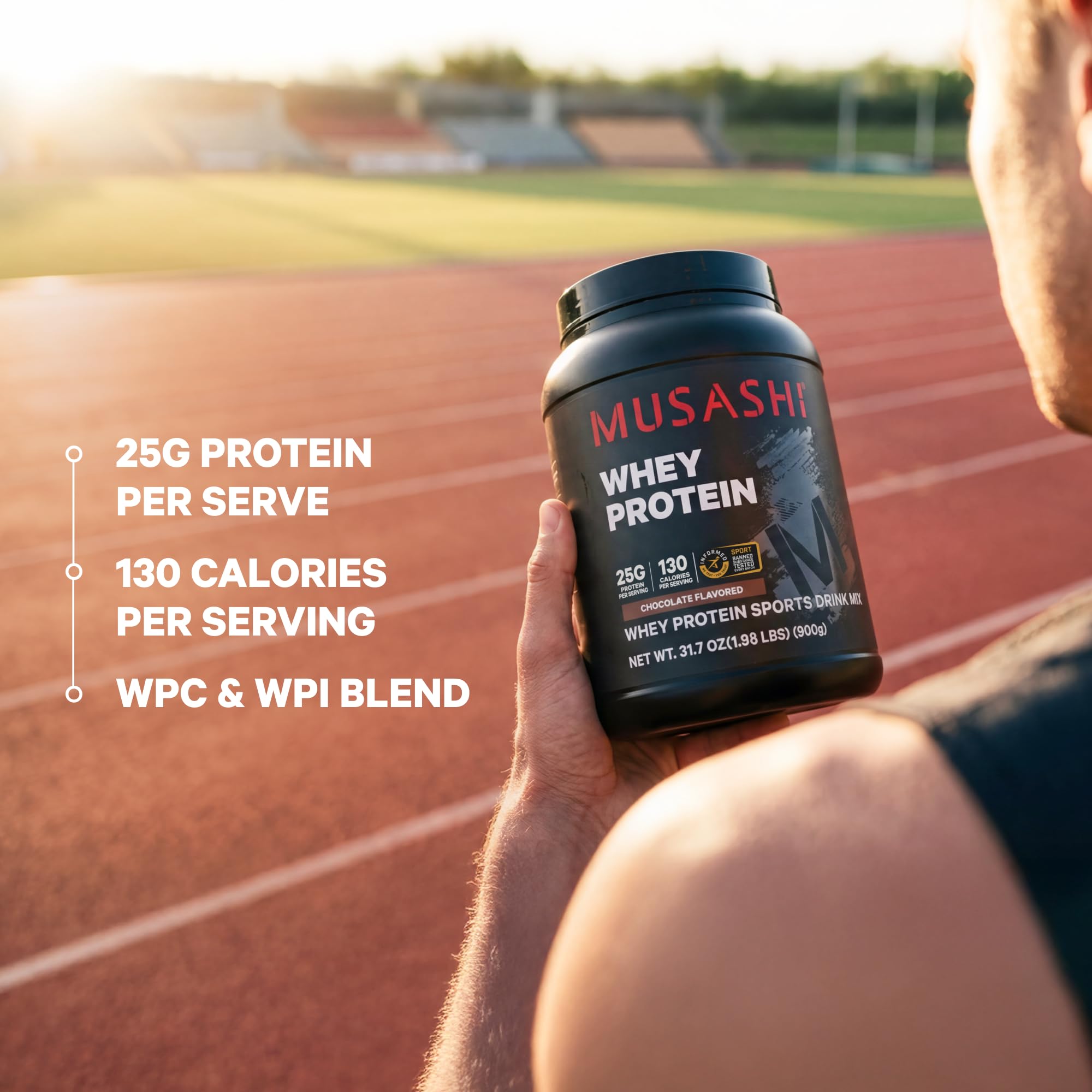Musashi Whey etiqueta nutricional visible con ingredientes clave