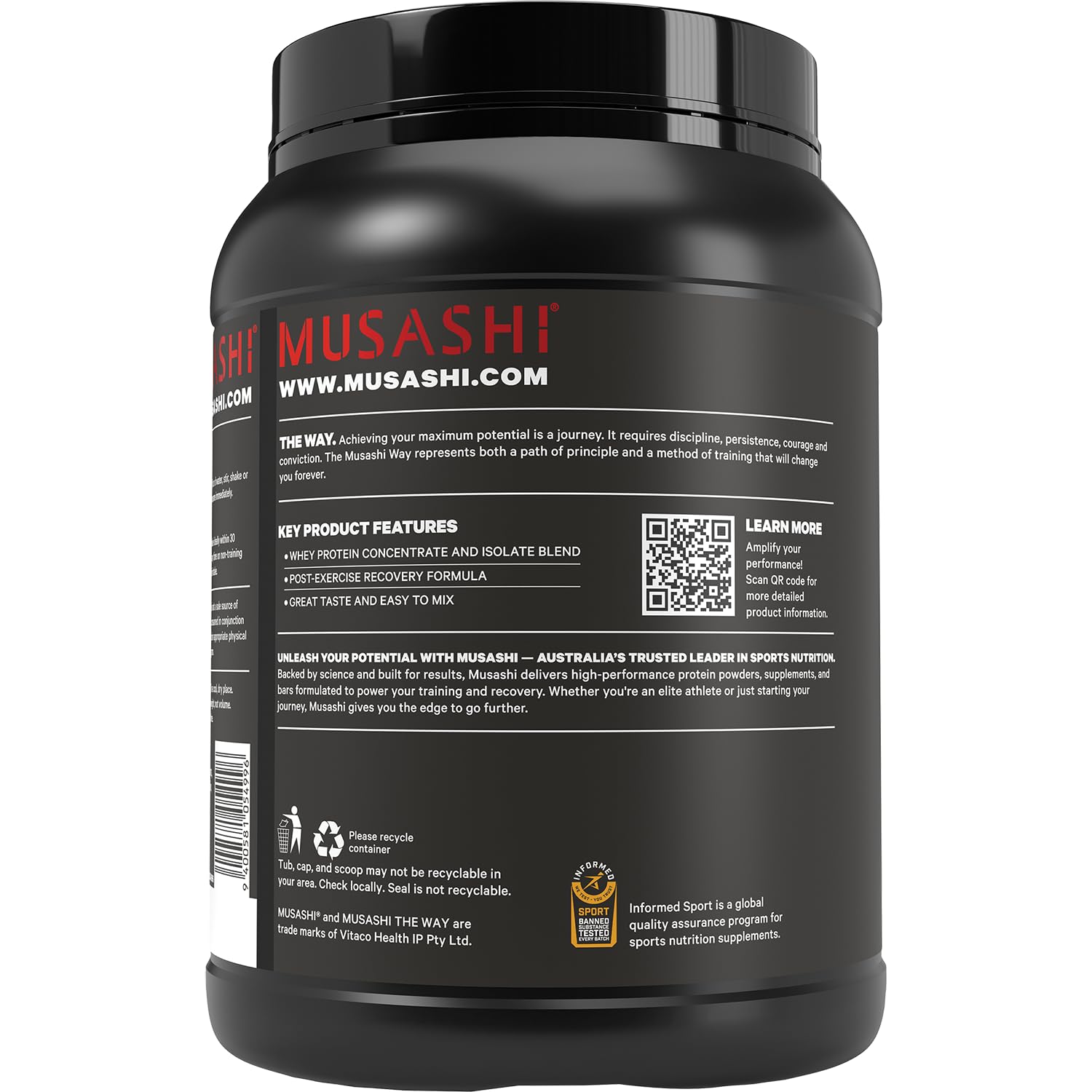 Musashi Whey detalle del polvo para una mezcla rápida y sin grumos