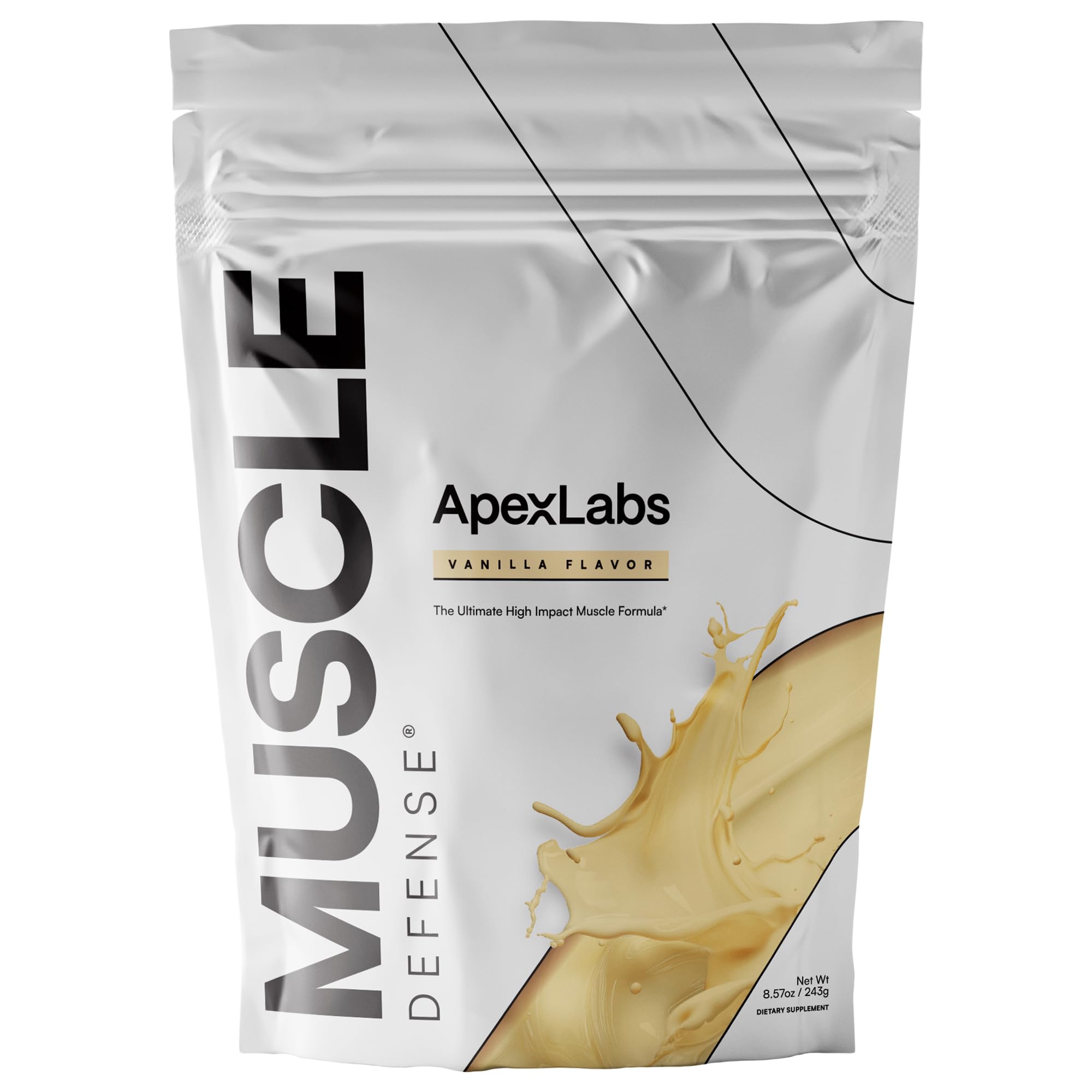 Muscle Defense vista frontal del envase mostrando marca y sabor vainilla, beneficio claridad de uso