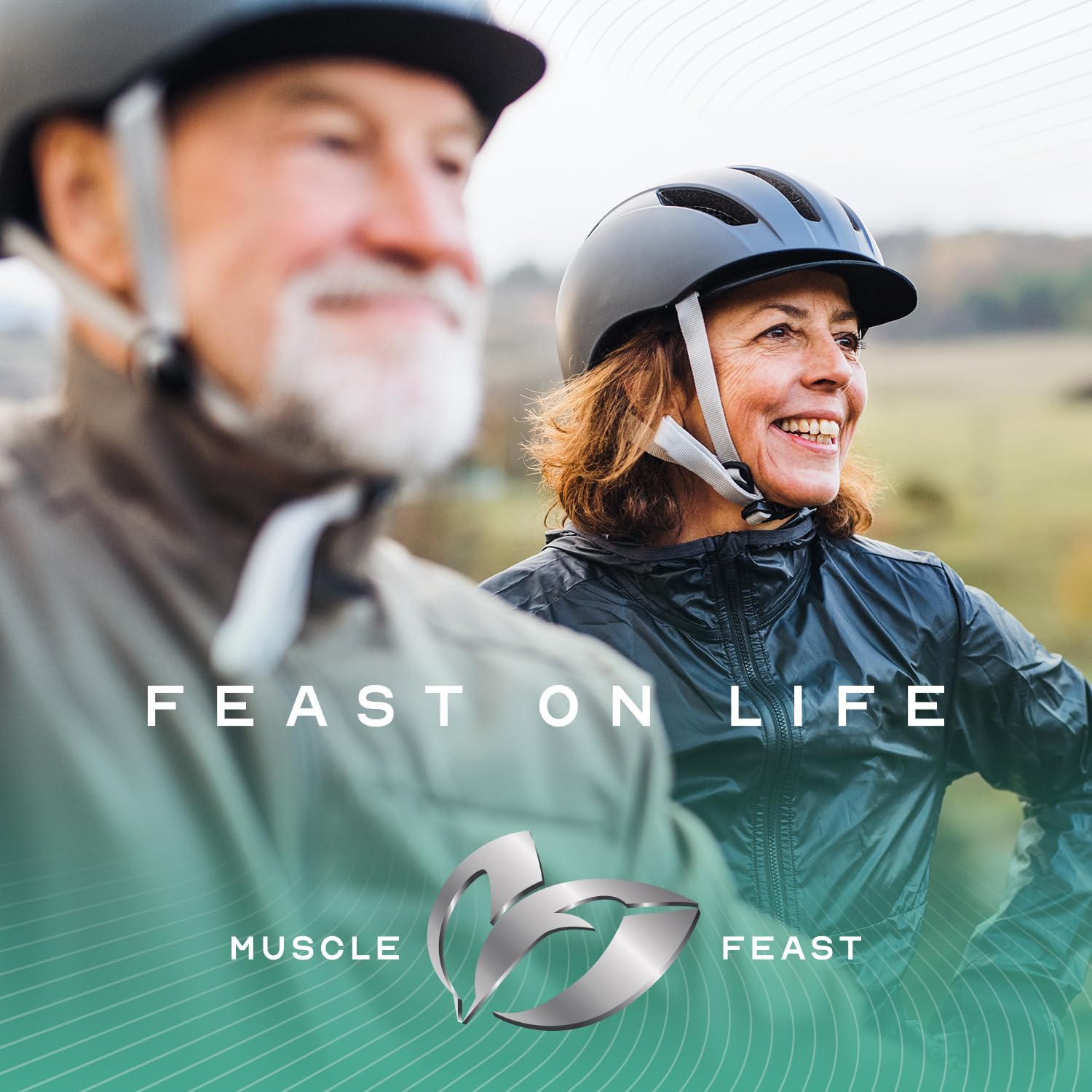 Muscle Feast caja de 120 tabs junto a botella ilustrando portabilidad