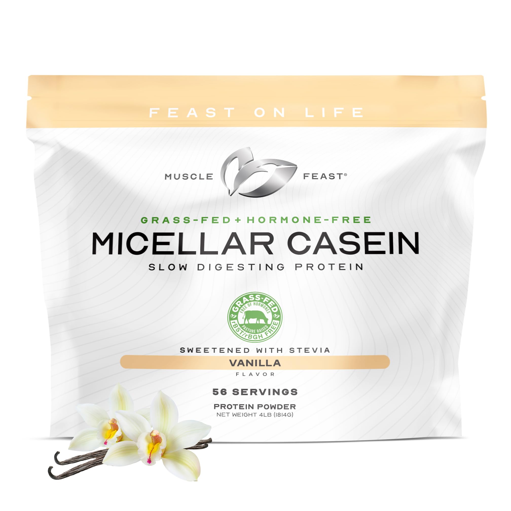 Muscle Feast envase frontal de caseína vainilla mostrando tamaño y marca