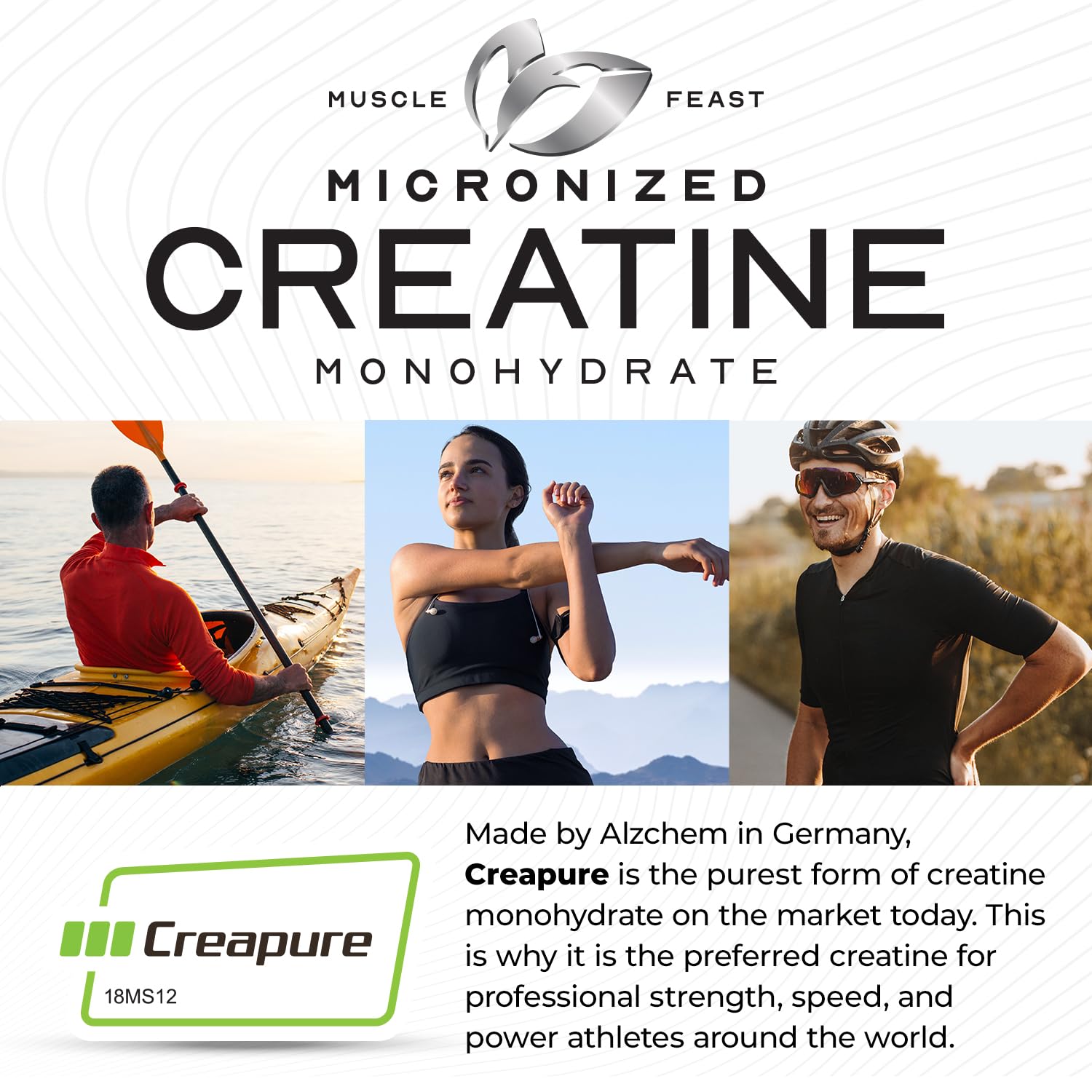 Muscle Feast Creapure cuchara con polvo resaltando la facilidad de dosificación