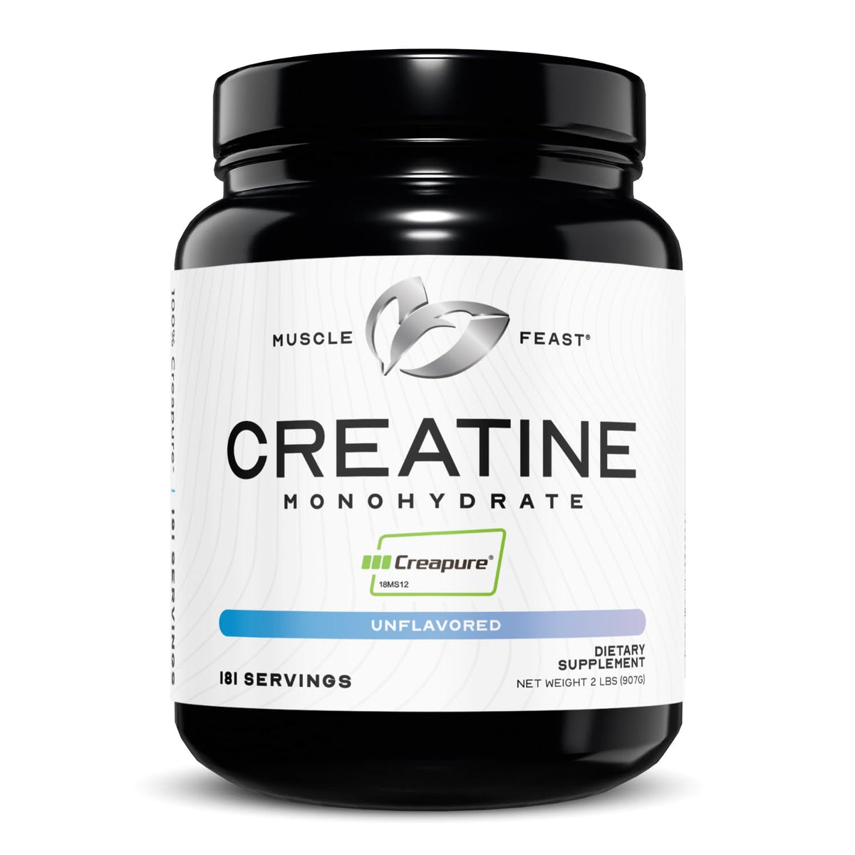 Muscle Feast muestra el frente del envase Creapure, visual claro de pureza
