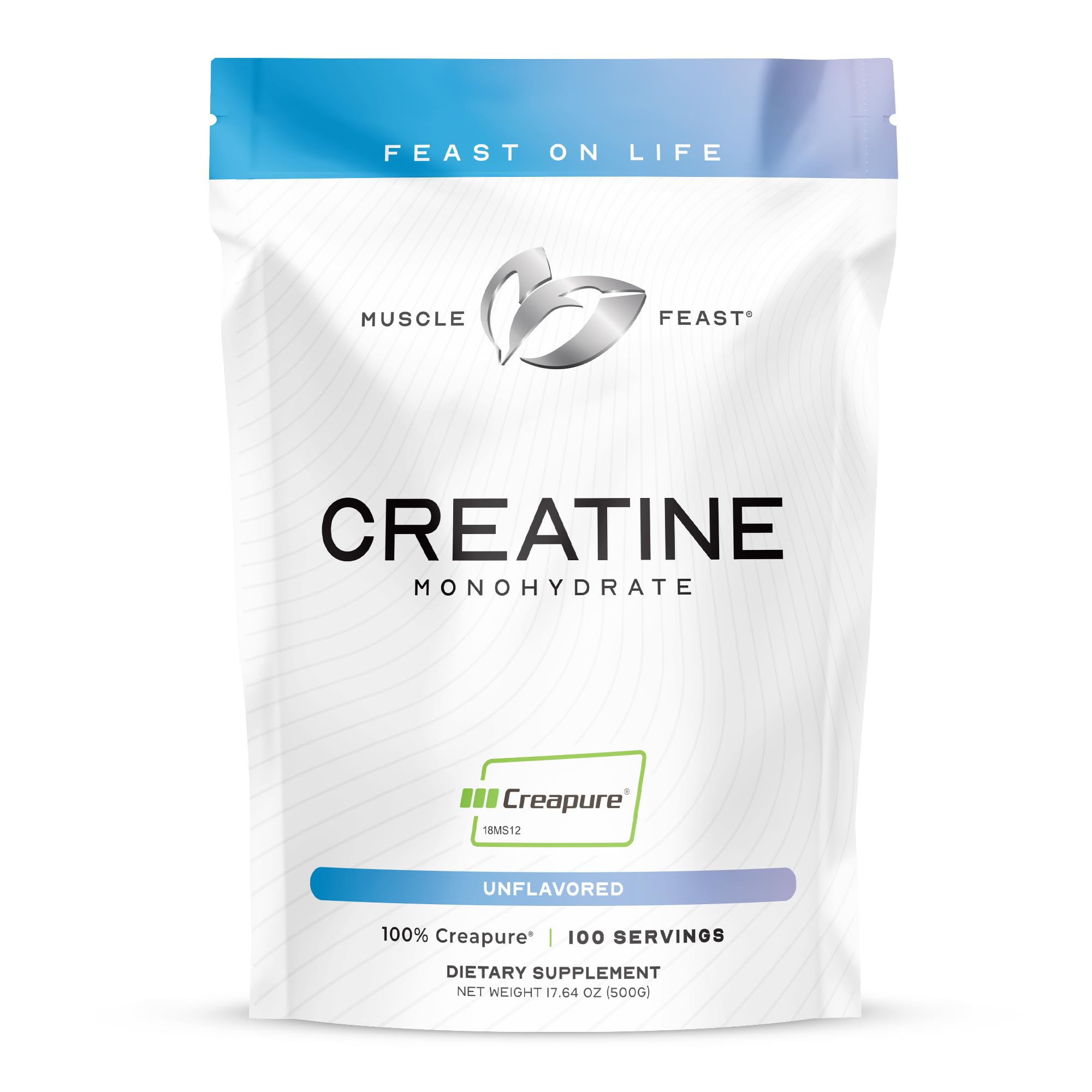 Muscle Feast envase frontal mostrando creatina pura y datos clave para confianza