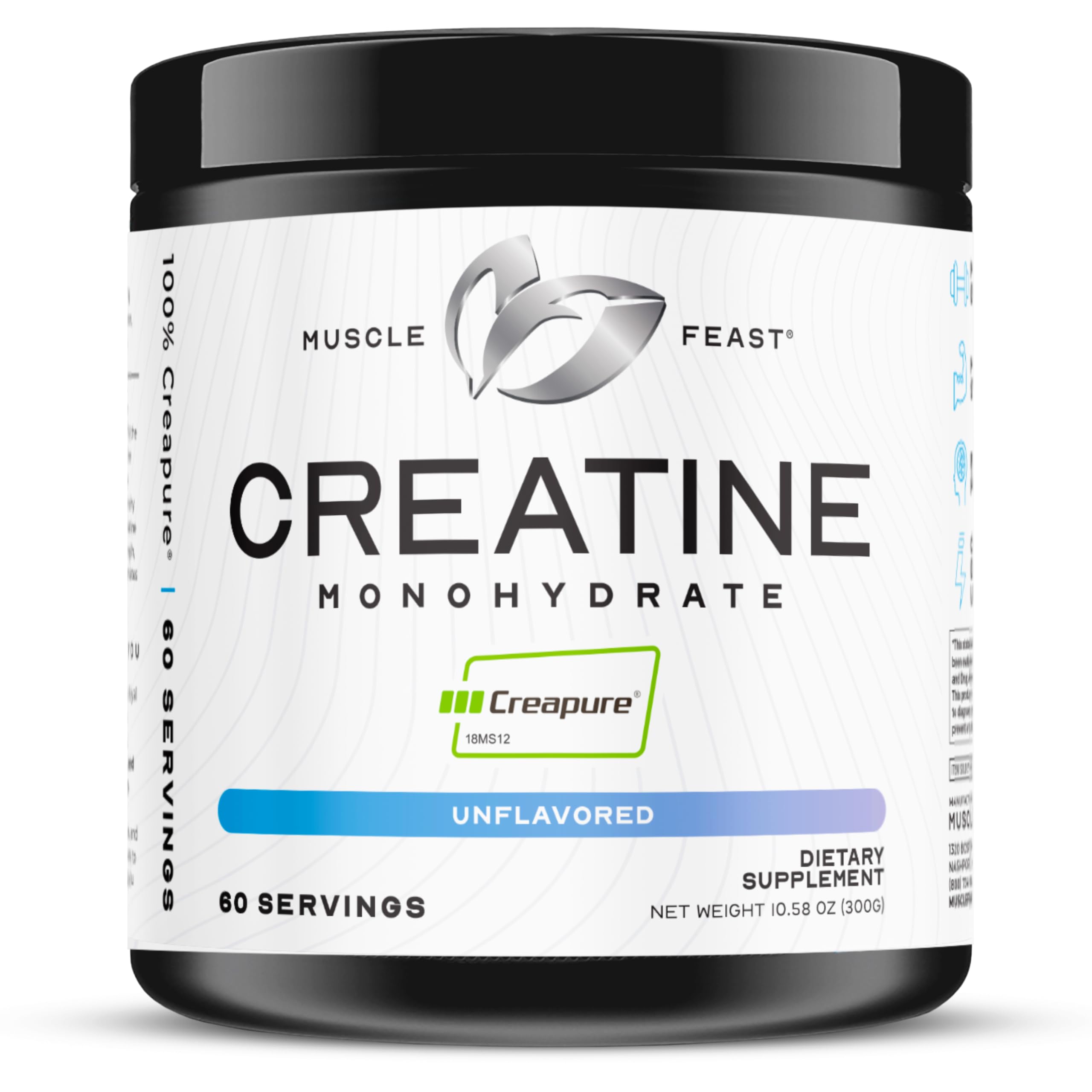 Muscle Feast frasco frontal claro que transmite pureza y confianza