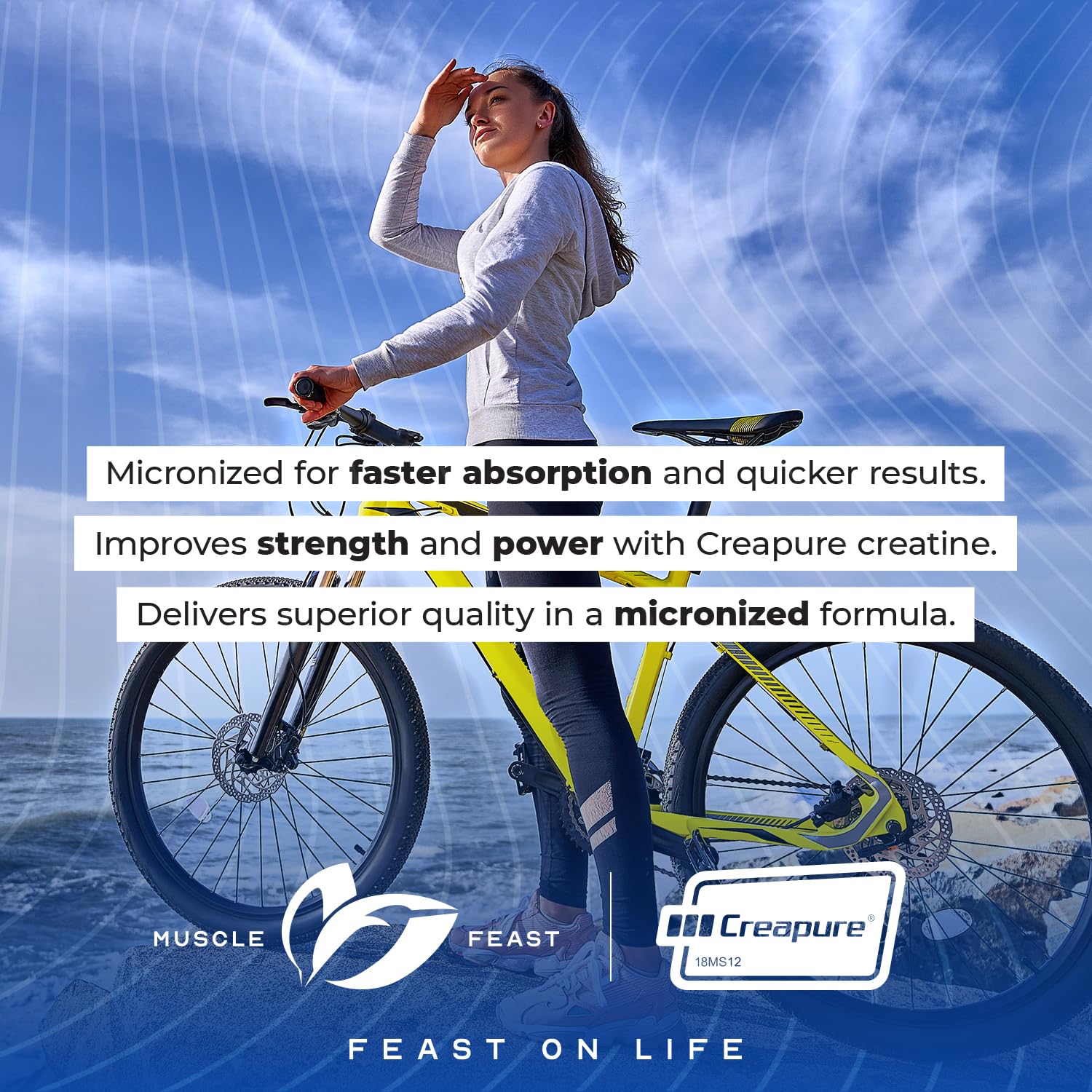 Muscle Feast Creapure iconos vegano y sin gluten destacando compatibilidad dietética