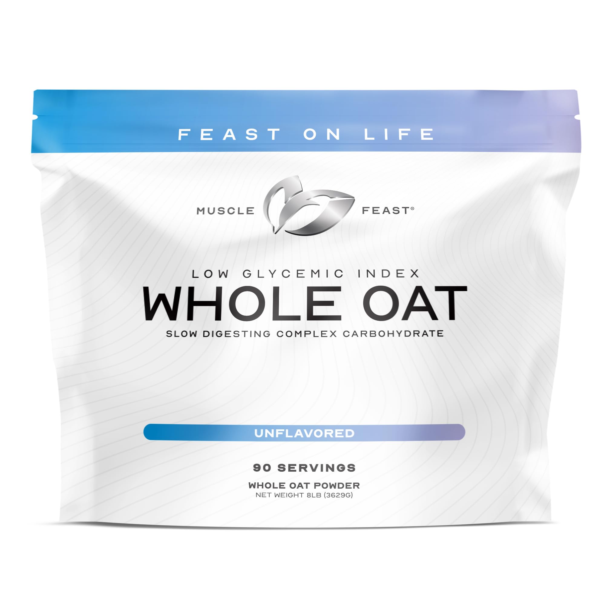 Muscle Feast envase frontal de avena en polvo, muestra limpieza del producto