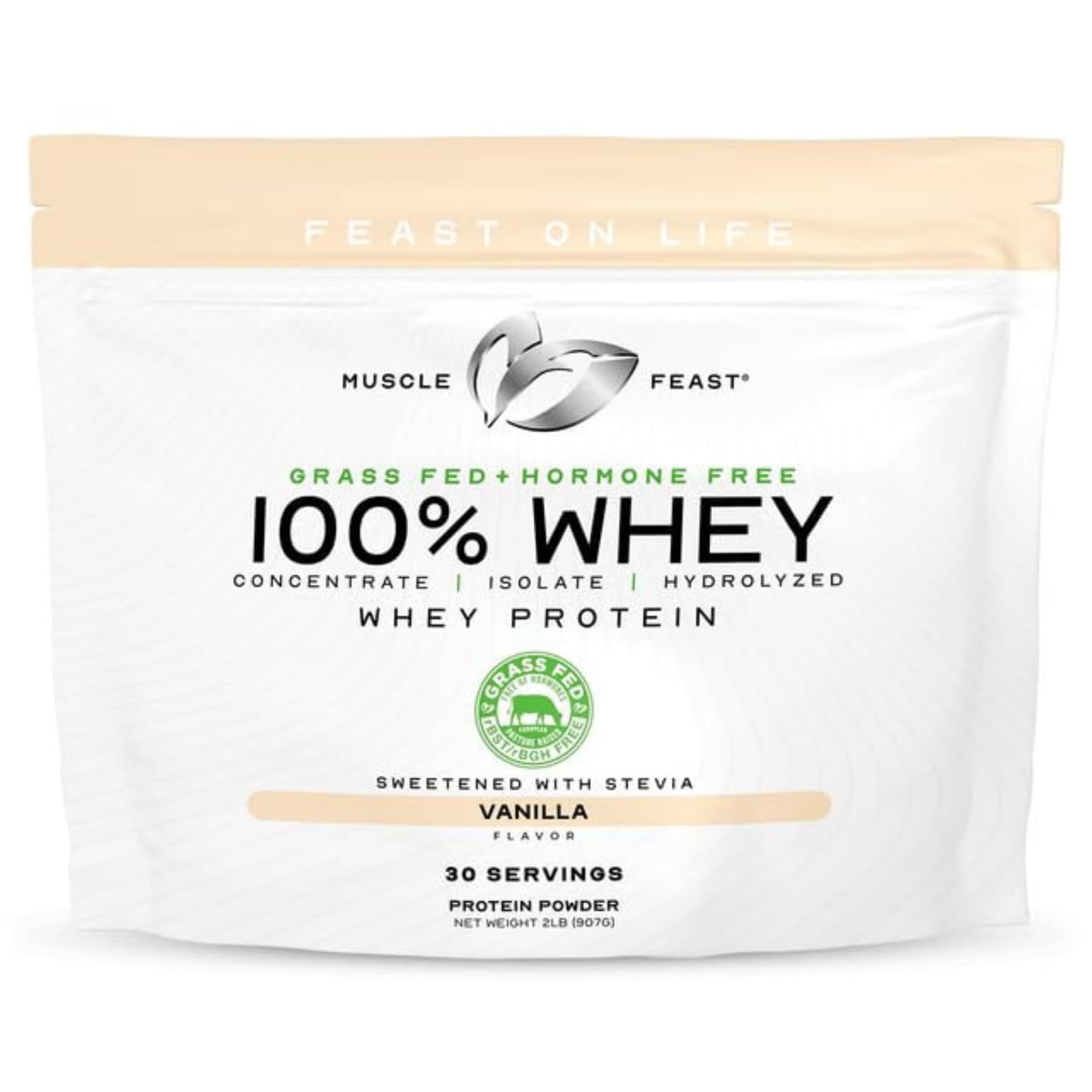 Muscle Feast envase frontal mostrando diseño y tamaño para fácil identificación