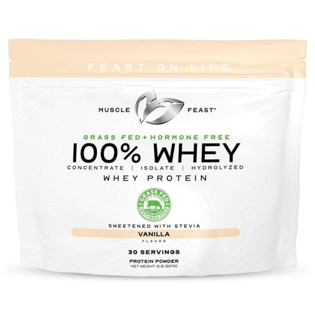 Muscle Feast envase frontal mostrando diseño y tamaño para fácil identificación