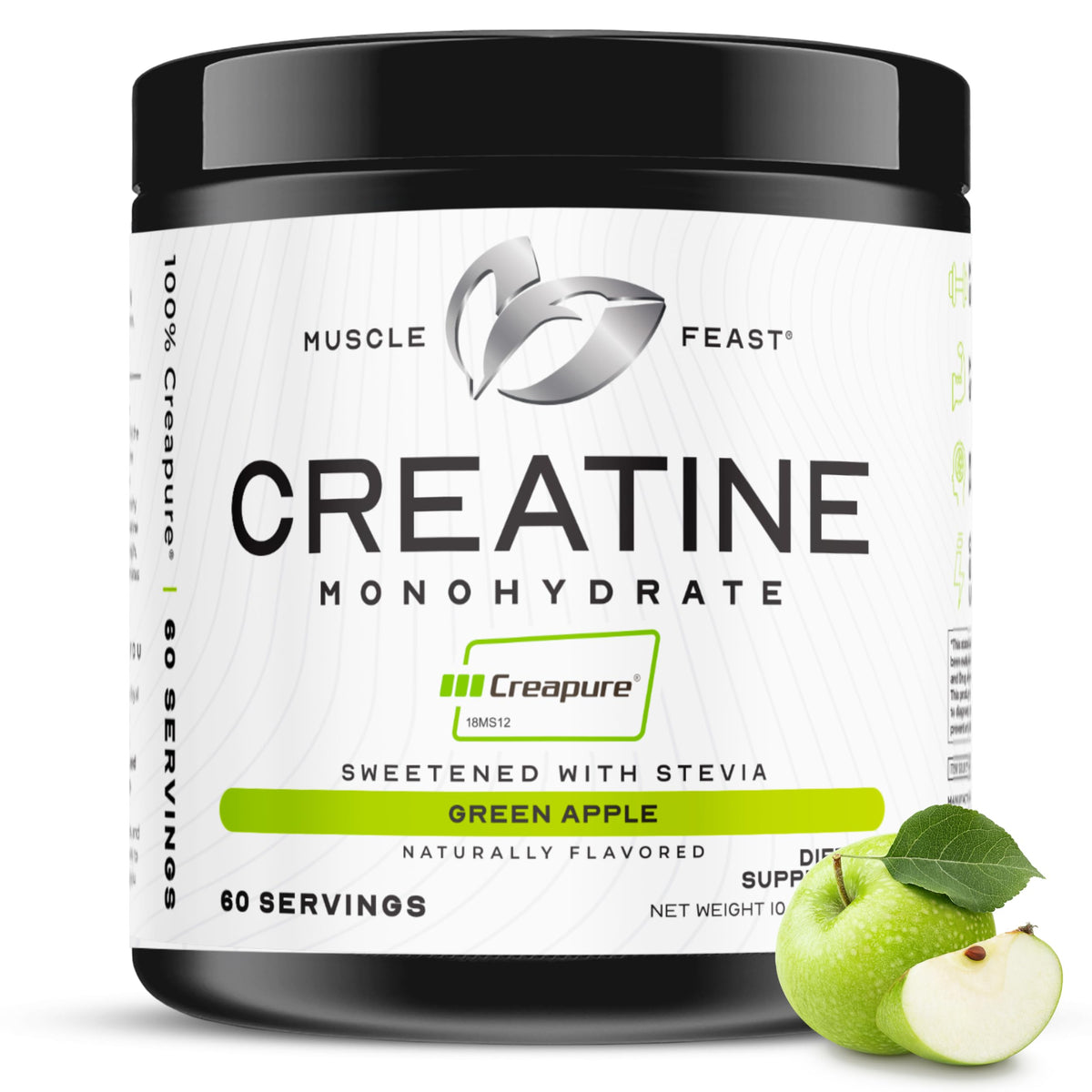 Muscle Feast envase frontal Creapure manzana verde, pureza visible