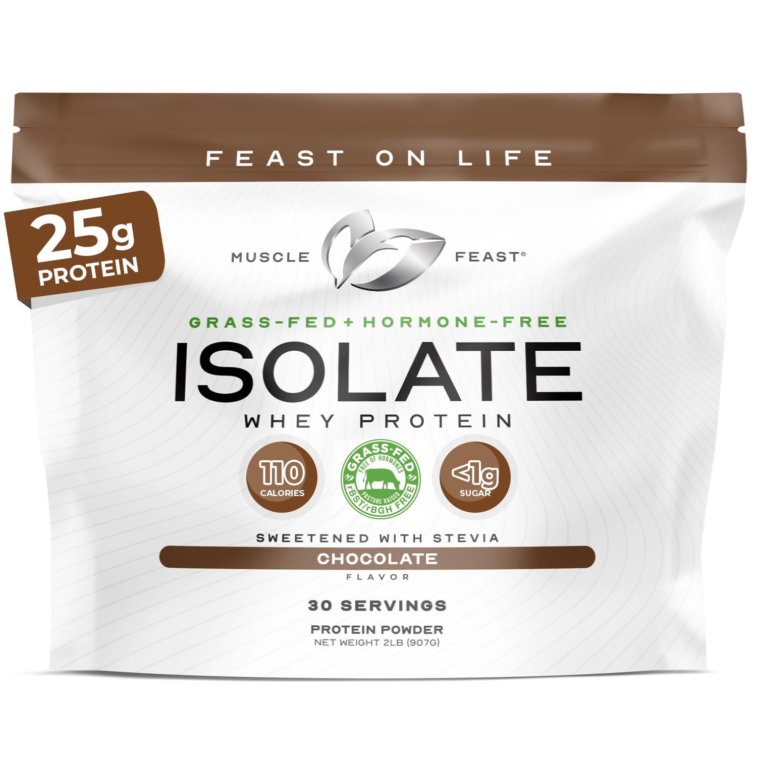 Muscle Feast envase frontal mostrando producto chocolate y calidad grass-fed
