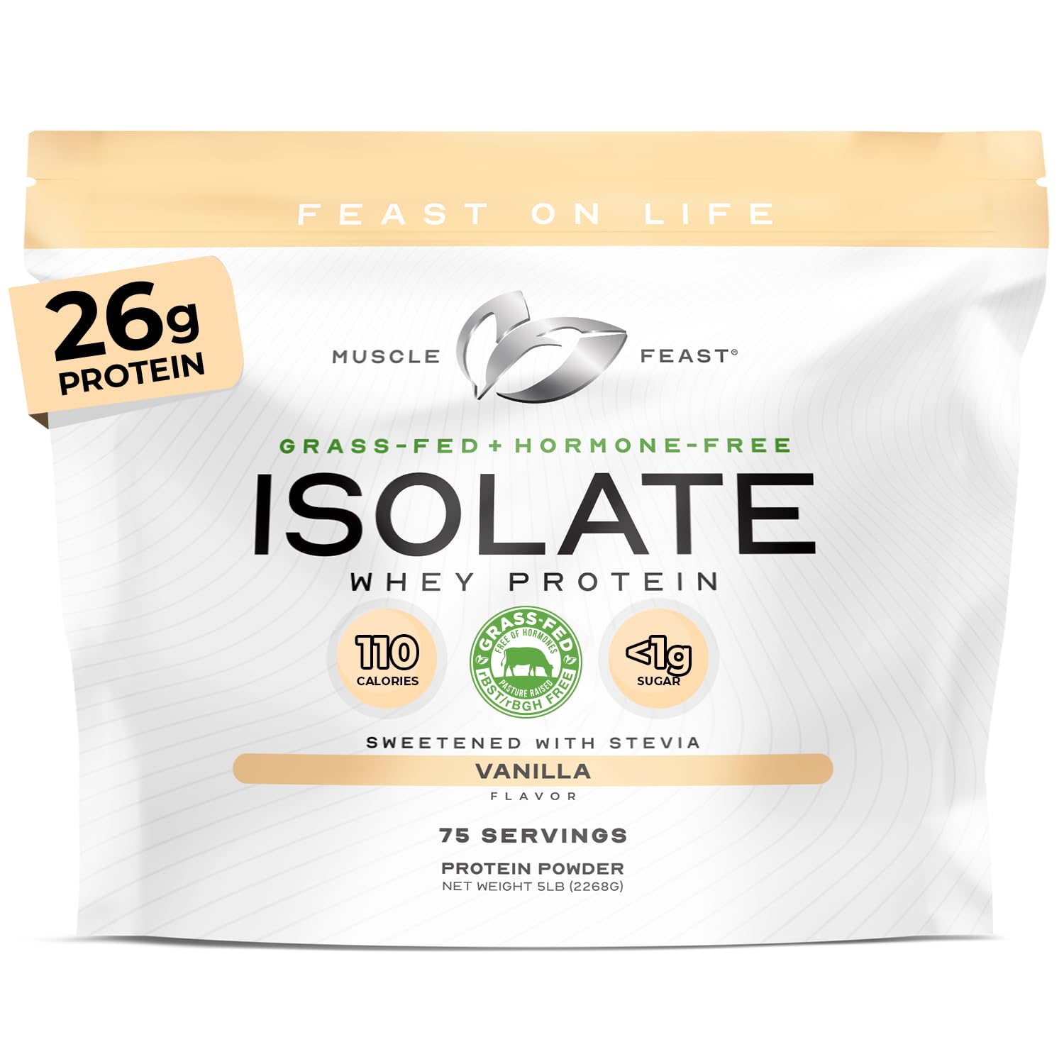 Muscle Feast envase frontal mostrando 5lb y sabor vainilla, confianza en calidad