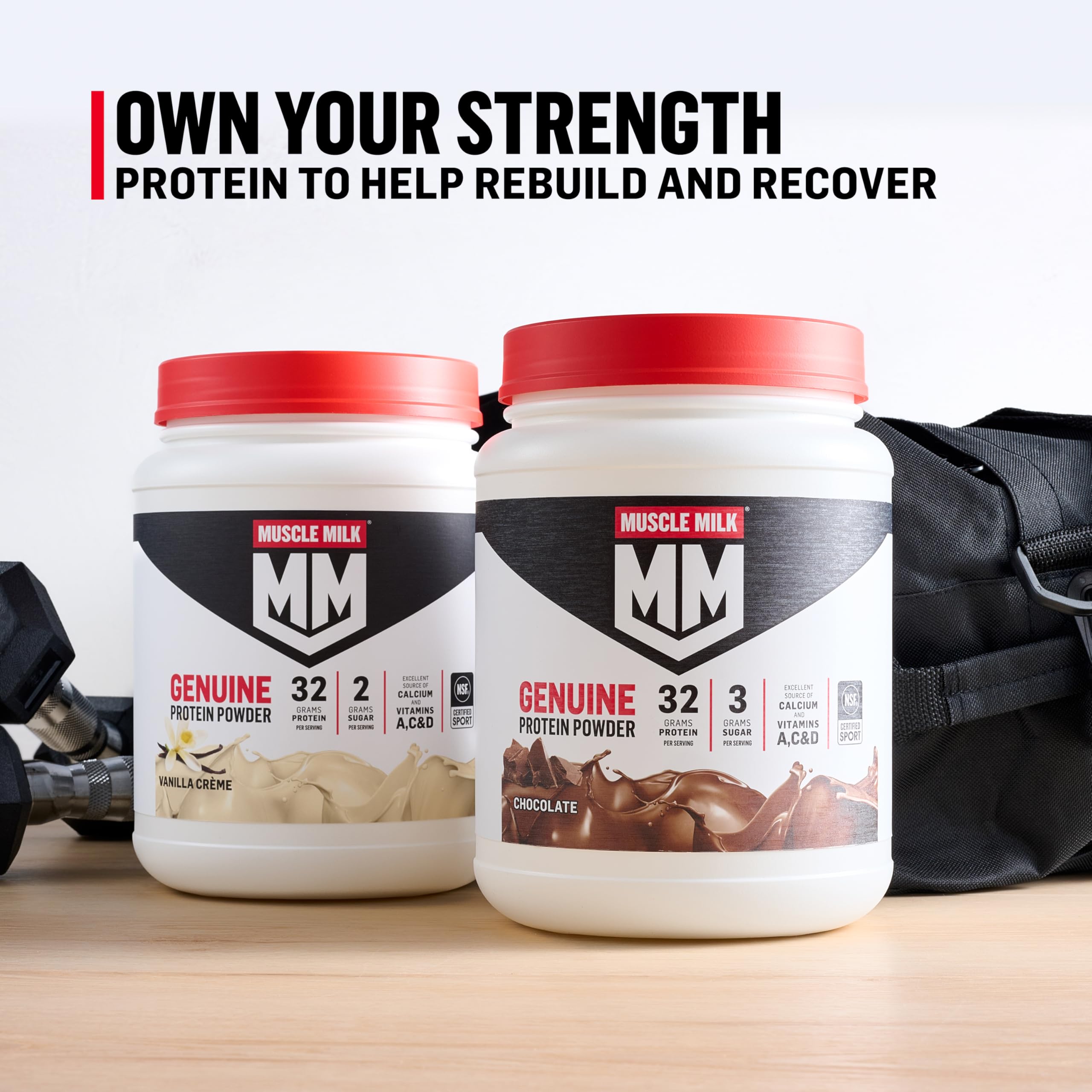 Comparación de tamaño del bote Muscle Milk con objetos cotidianos para escala