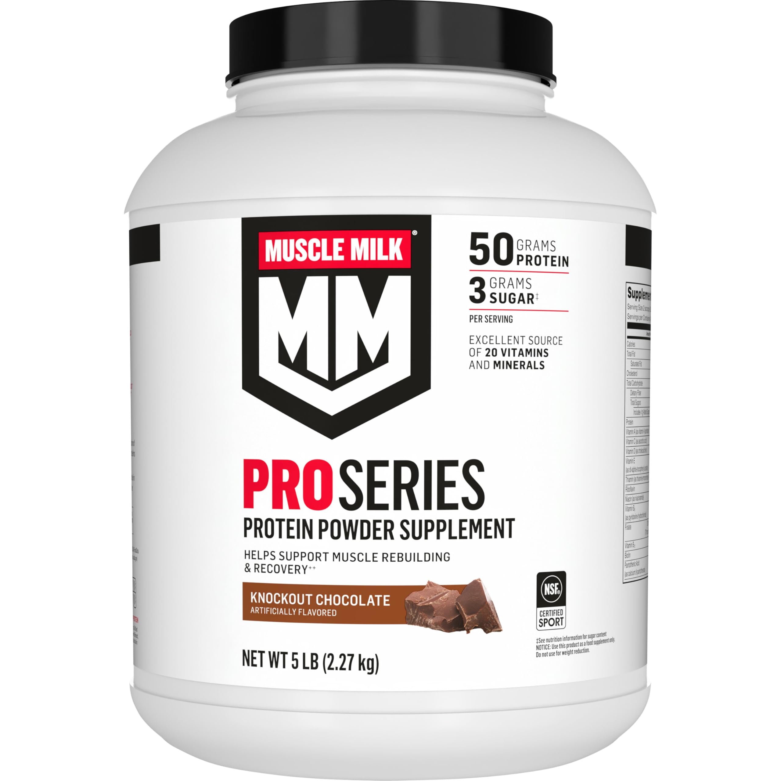 Muscle Milk envase frontal Knockout Chocolate mostrando etiqueta y beneficios