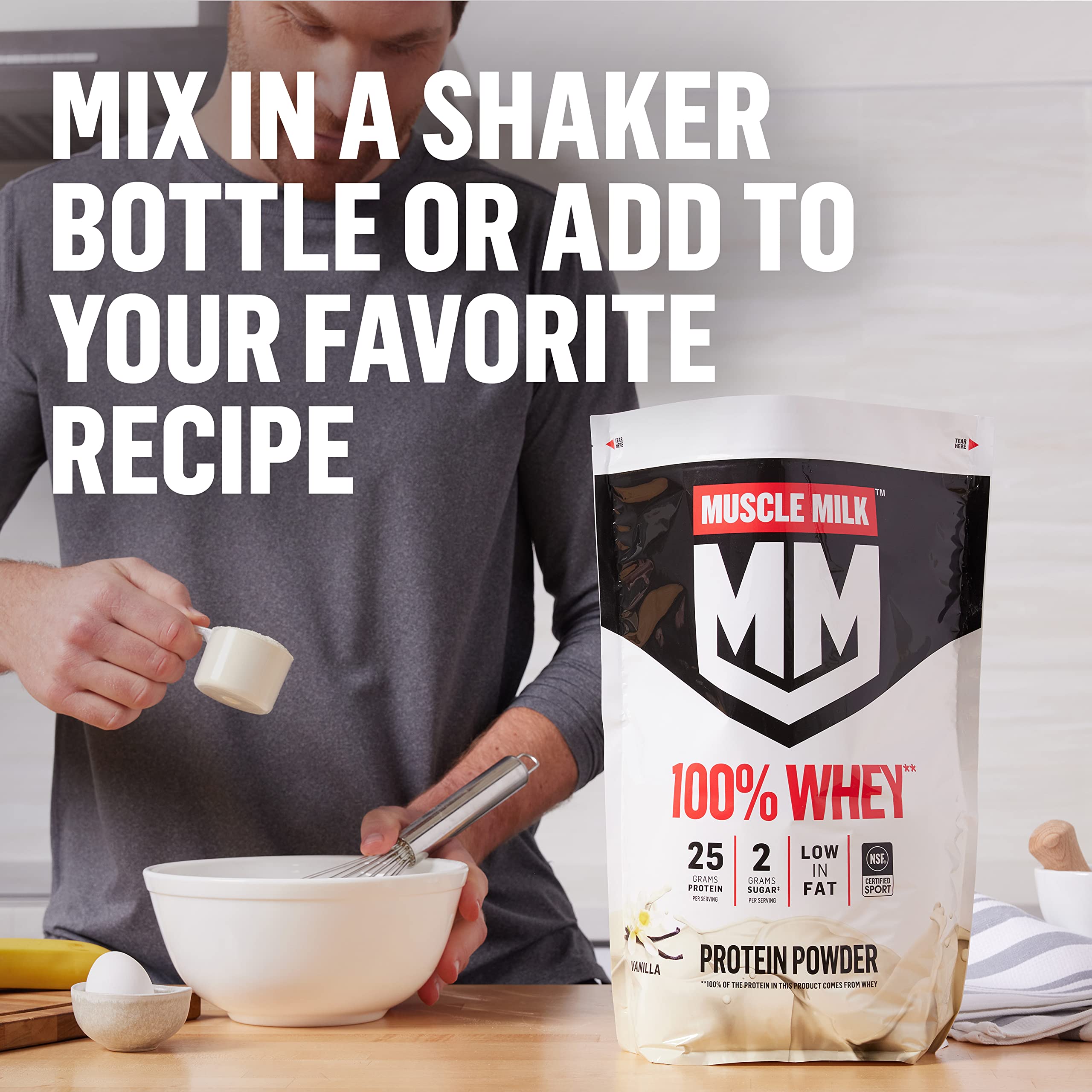 Muscle Milk etiqueta nutricional resaltando 25 g proteína por ración