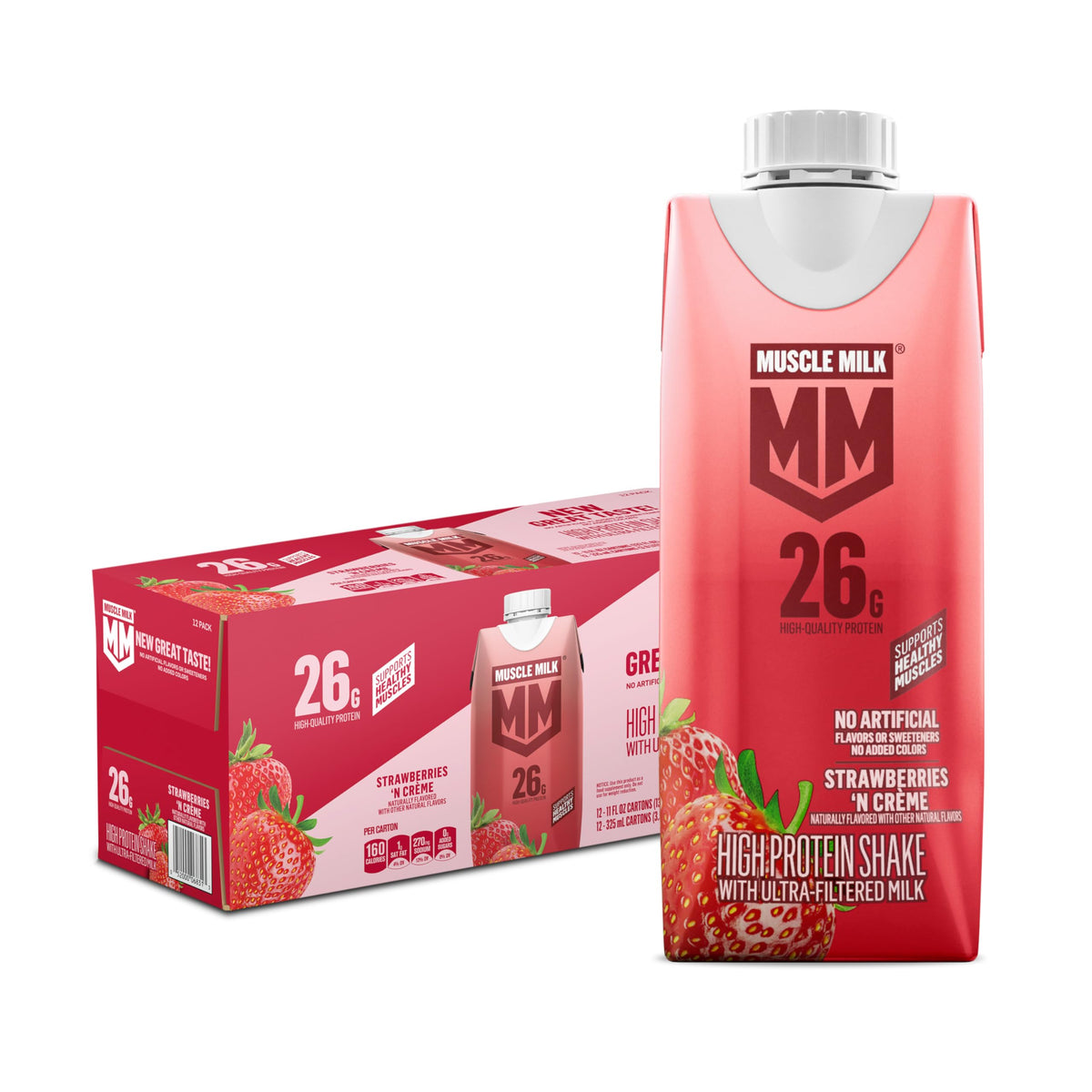 Muscle Milk frente del cartón mostrando la marca y beneficio proteico