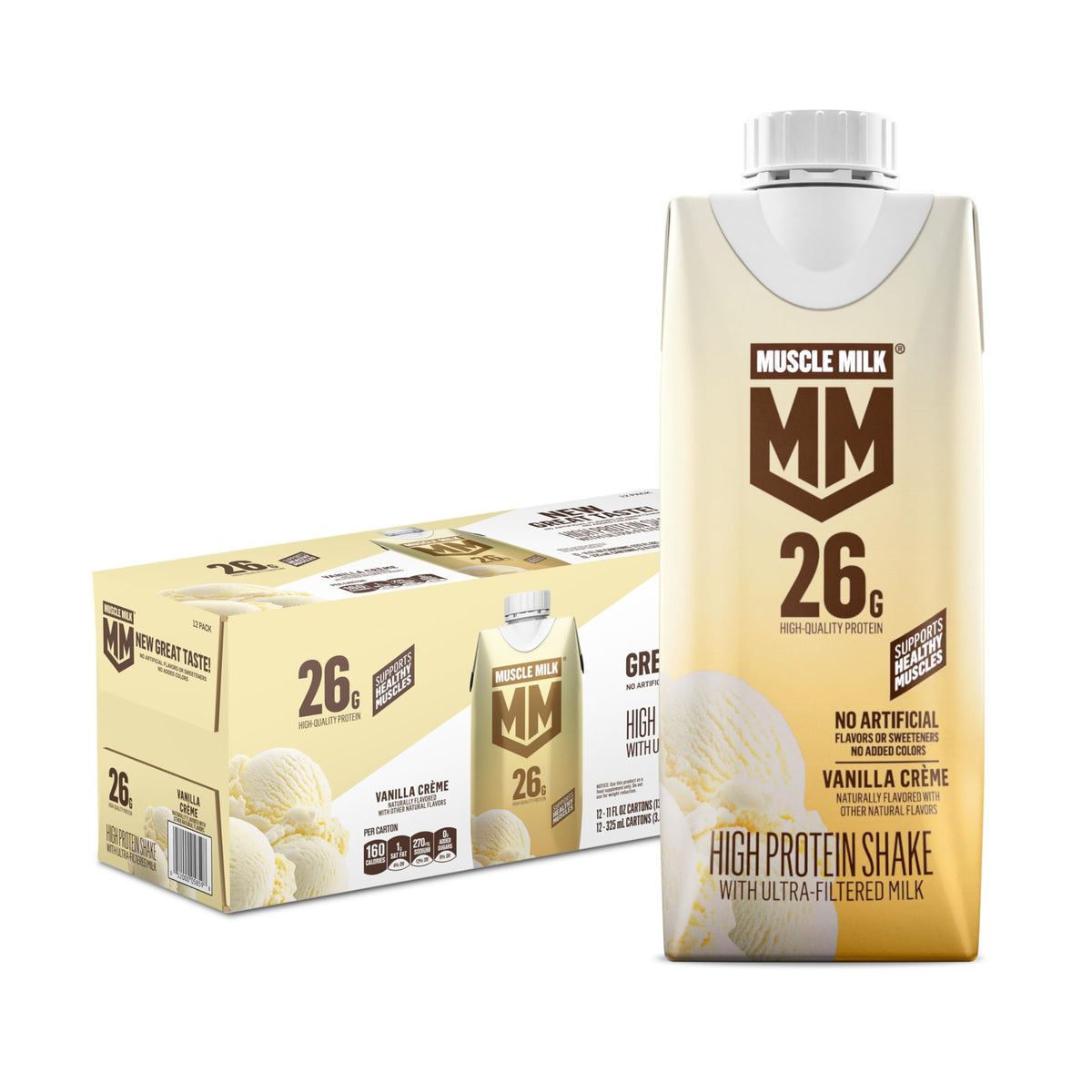 Muscle Milk frente del cartón mostrando la marca y beneficio proteico