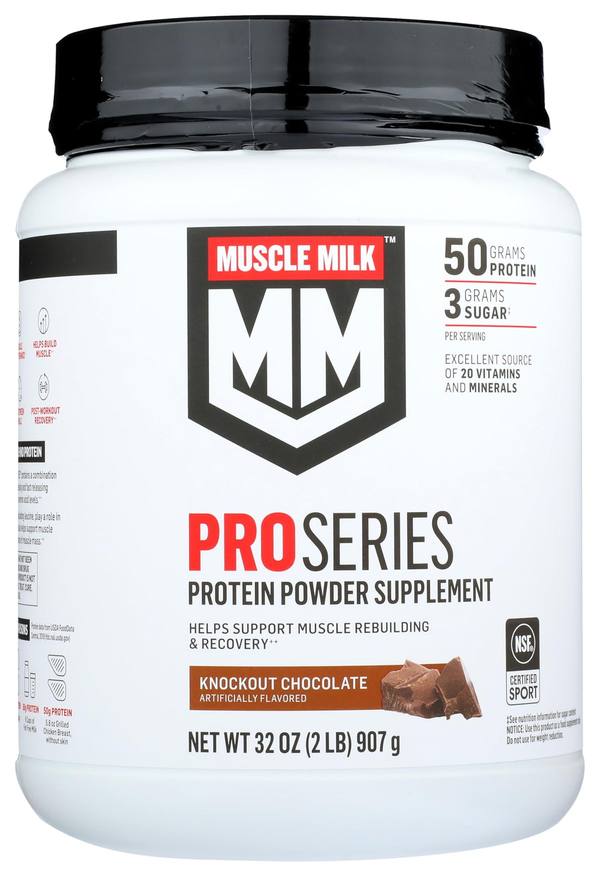 Muscle Milk envase frontal Knockout Chocolate, muestra contenido y conveniencia