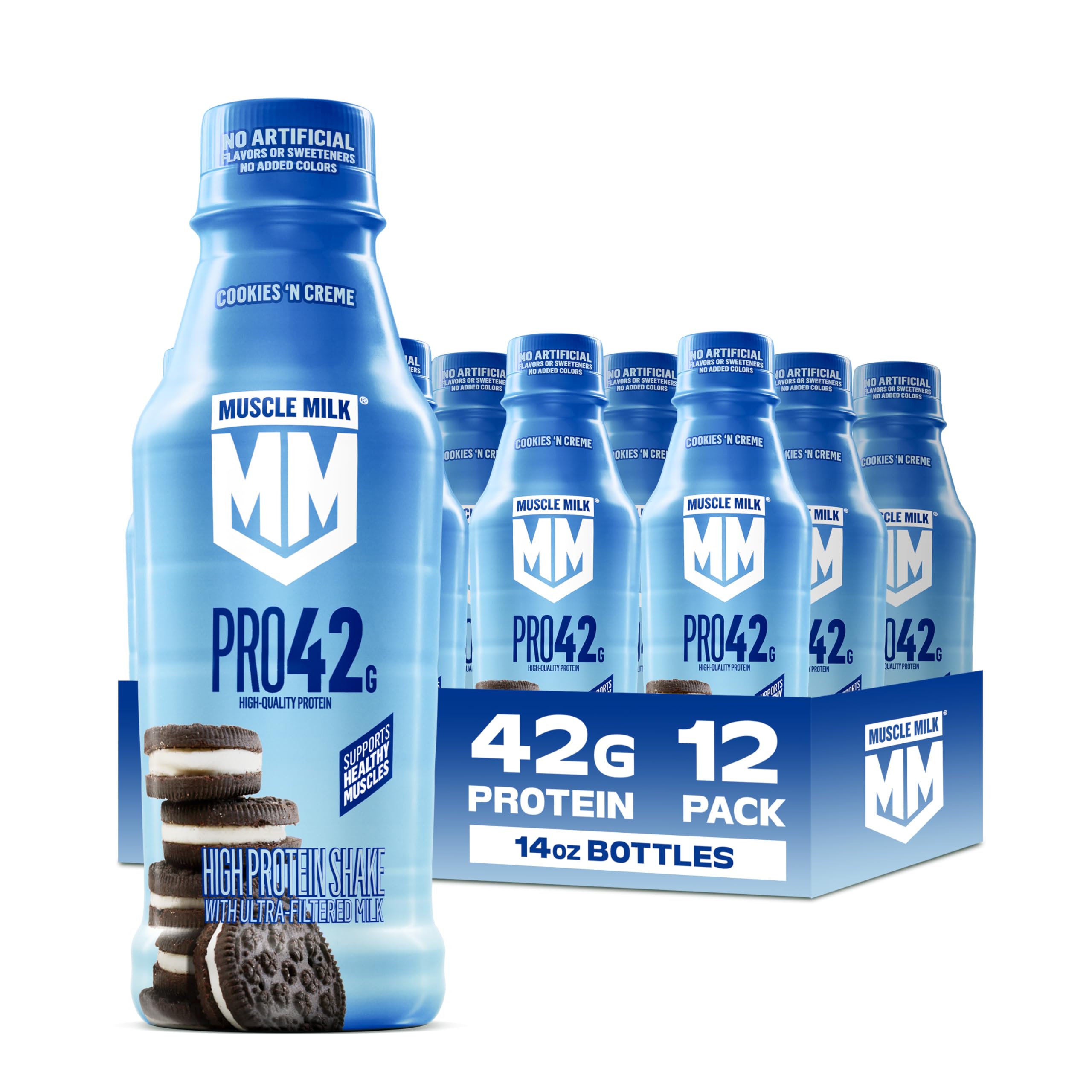Muscle Milk frontal del pack mostrando sabor Cookies n Creme y conveniencia