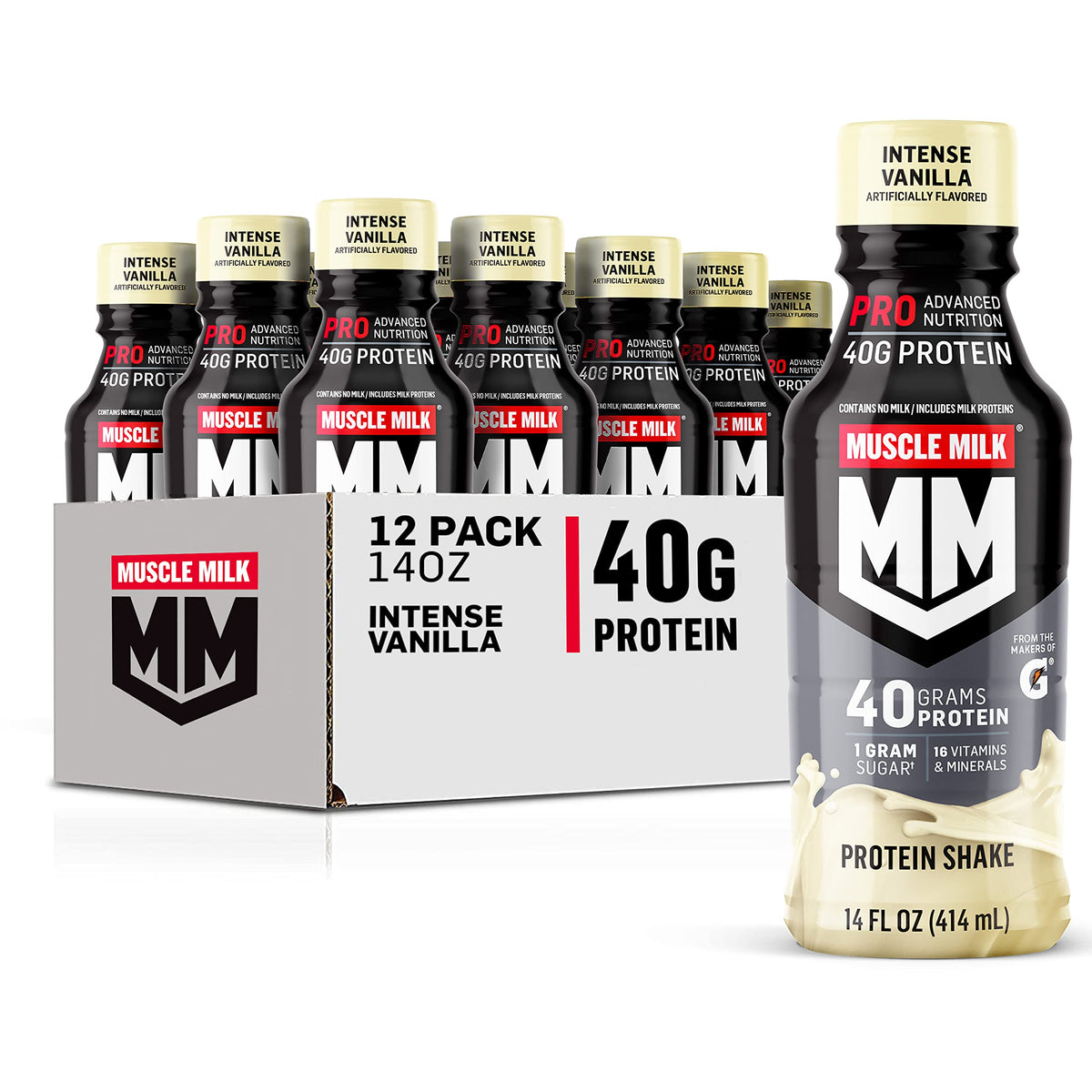 Muscle Milk vista frontal del envase mostrando la marca y beneficio proteico