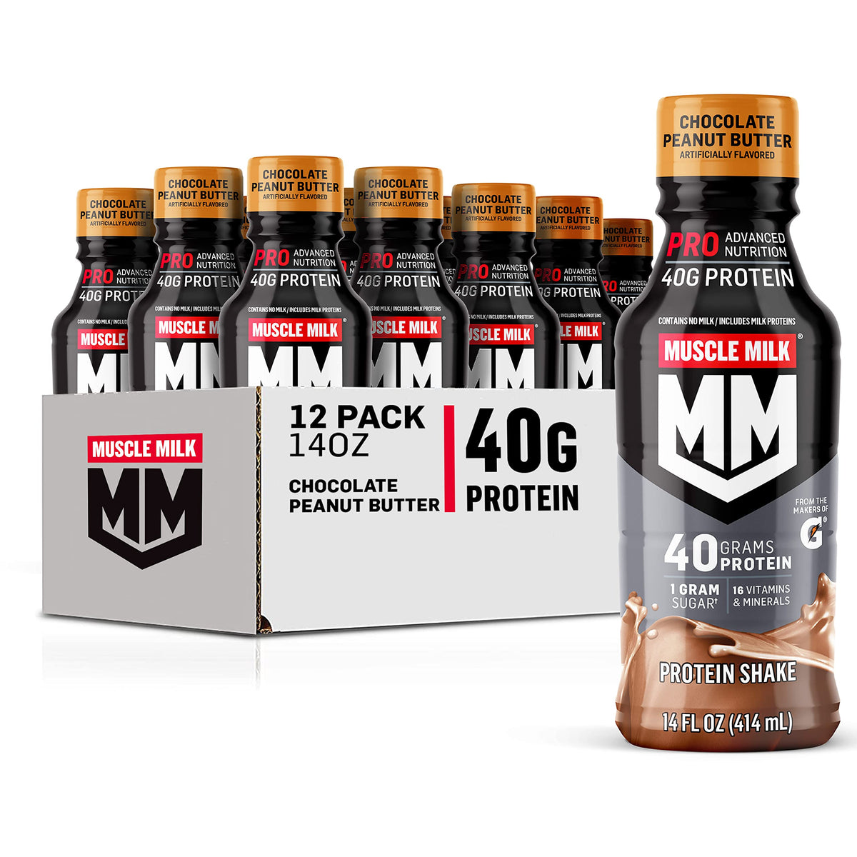 Muscle Milk frontal del envase mostrando 40 g de proteína y sabor chocolate peanut butter