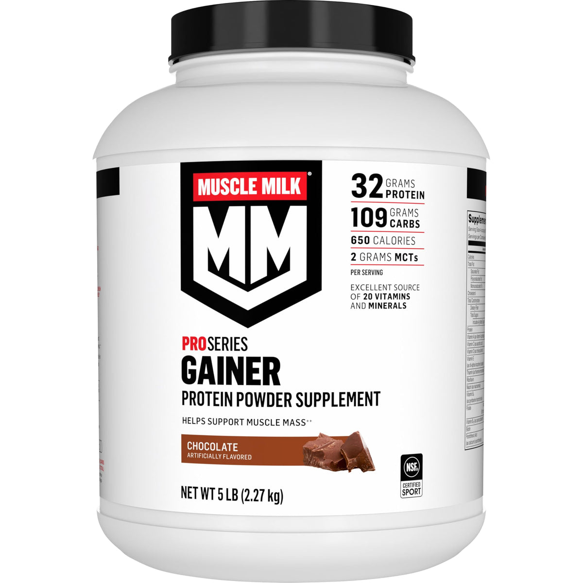 Muscle Milk gainer frente del envase mostrando el tamaño de 5 lb y beneficio calórico