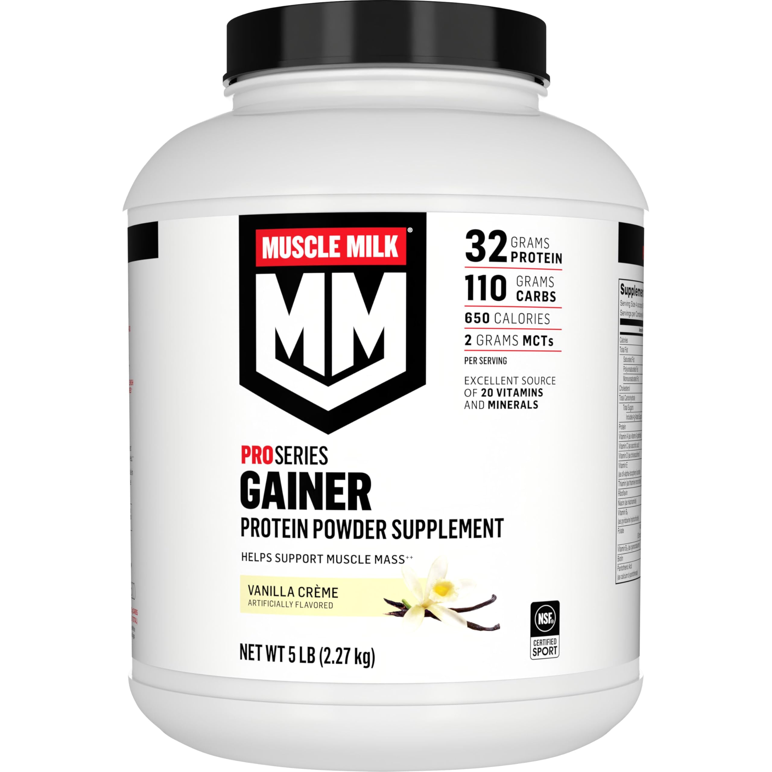 Muscle Milk envase frontal Vainilla Creme mostrando tamaño y marca, ideal para ganancia calórica