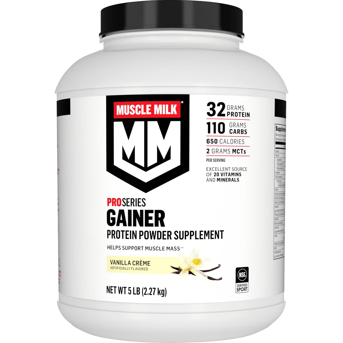 Muscle Milk envase frontal Vainilla Creme mostrando tamaño y marca, ideal para ganancia calórica