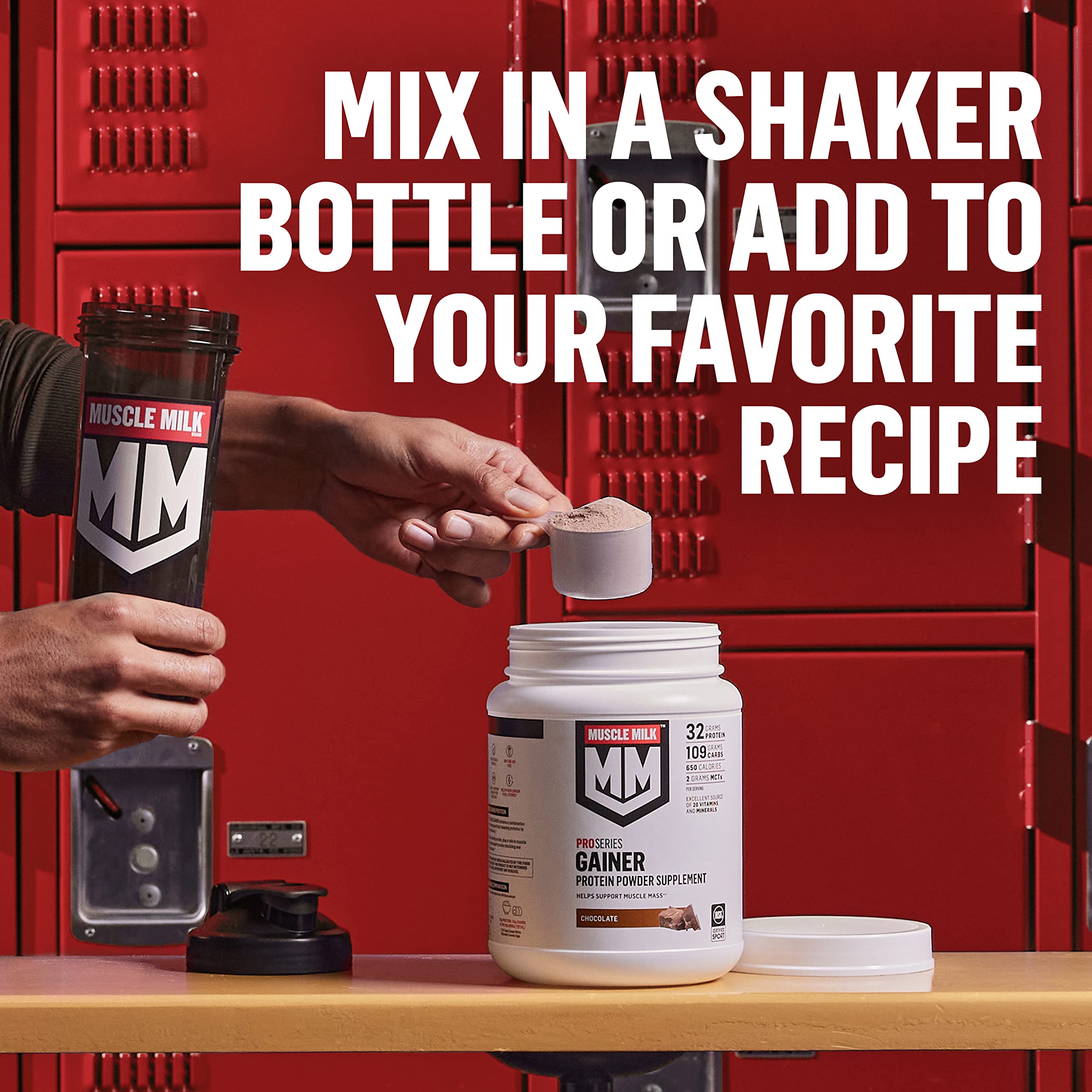 Muscle Milk gainer etiqueta nutricional destacando 32 g proteína y 650 calorías