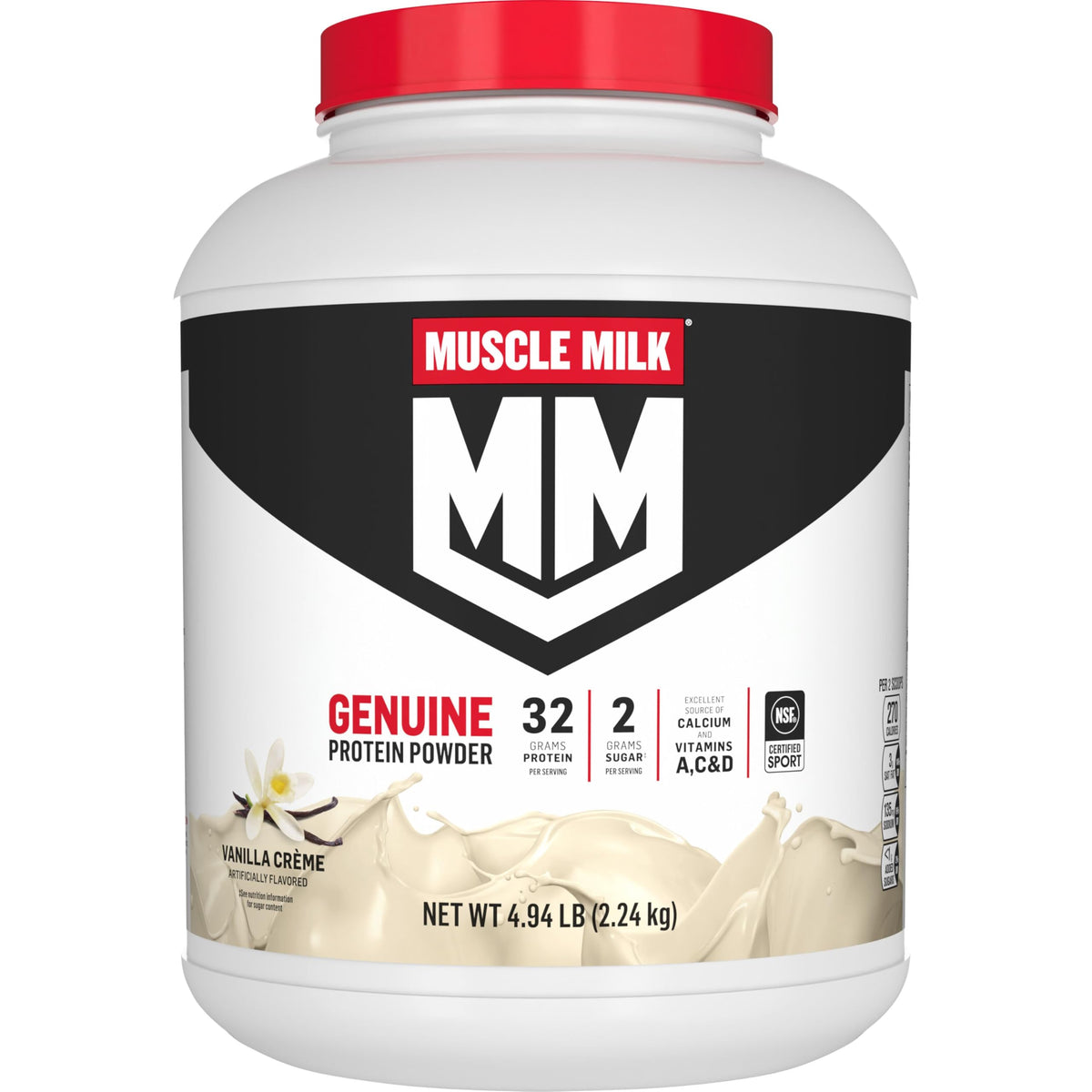 Muscle Milk bote frontal mostrando formato y sabor Vainilla Creme, ideal para recuperación