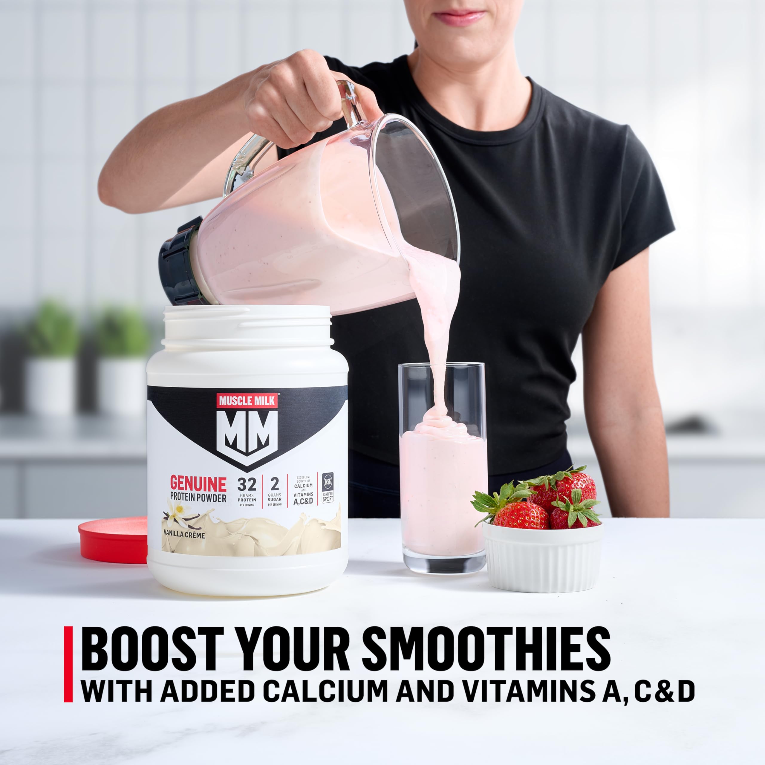 Etiqueta nutricional de Muscle Milk destacando 32 g proteína por porción