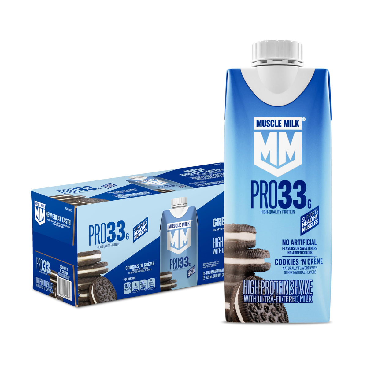Muscle Milk envase frontal mostrando sabor Cookies 'n Creme y beneficio práctico