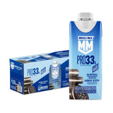Muscle Milk envase frontal mostrando sabor Cookies 'n Creme y beneficio práctico