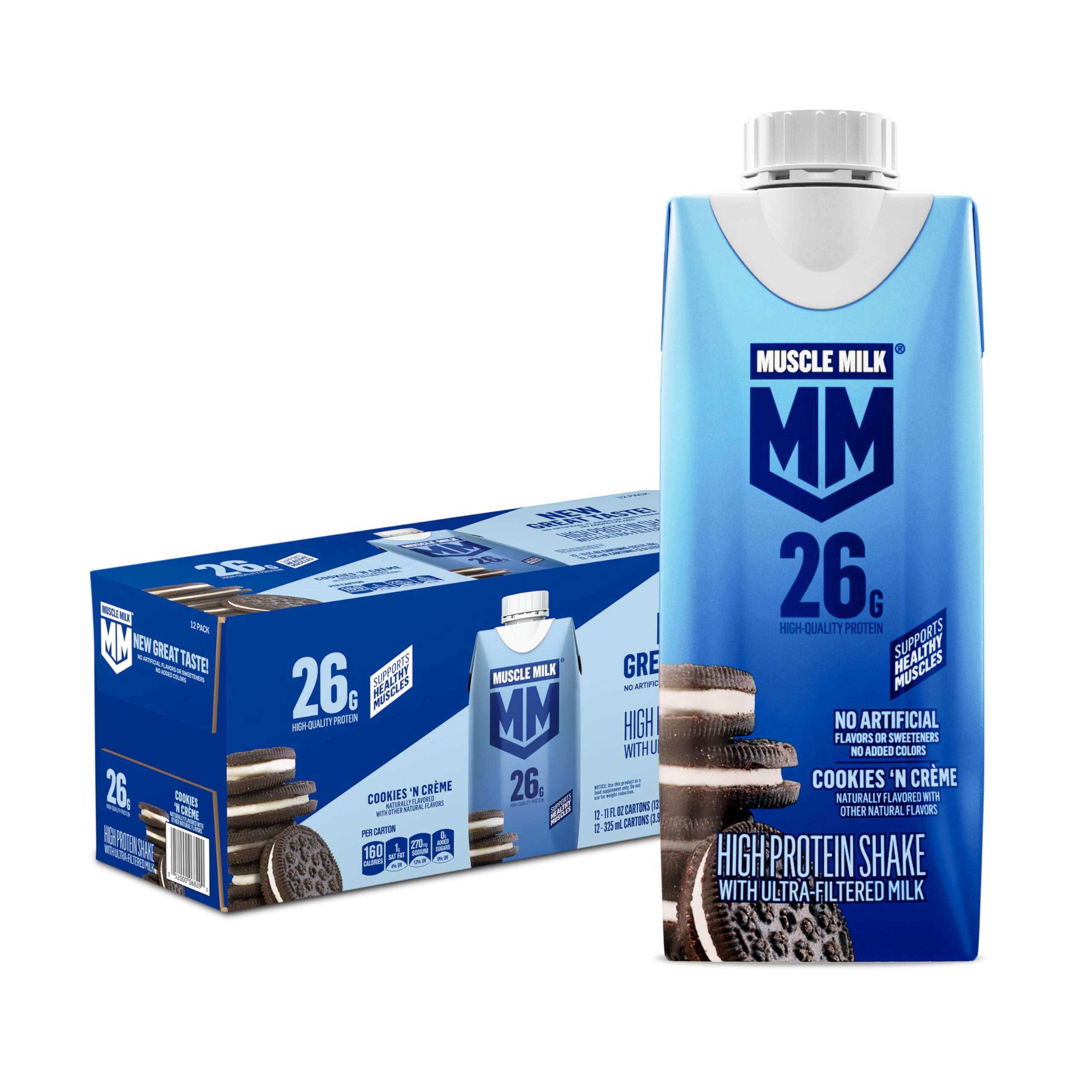 Muscle Milk pack frontal mostrando 12 cartones y conveniencia