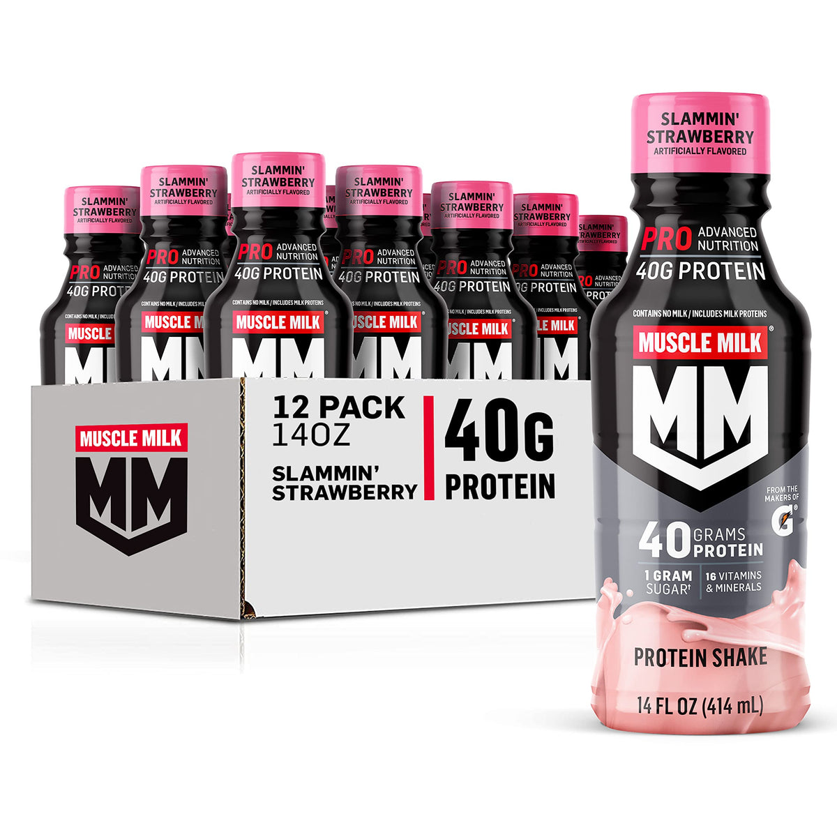 Muscle Milk envase frontal mostrando sabor Slammin' Strawberry y beneficio energético