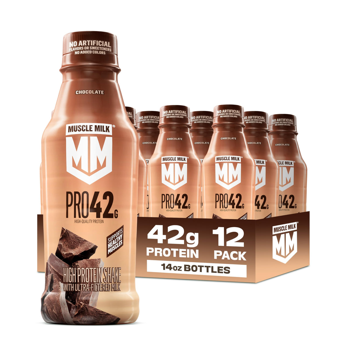 Muscle Milk envase frontal mostrando pack de 12 y beneficio conveniencia