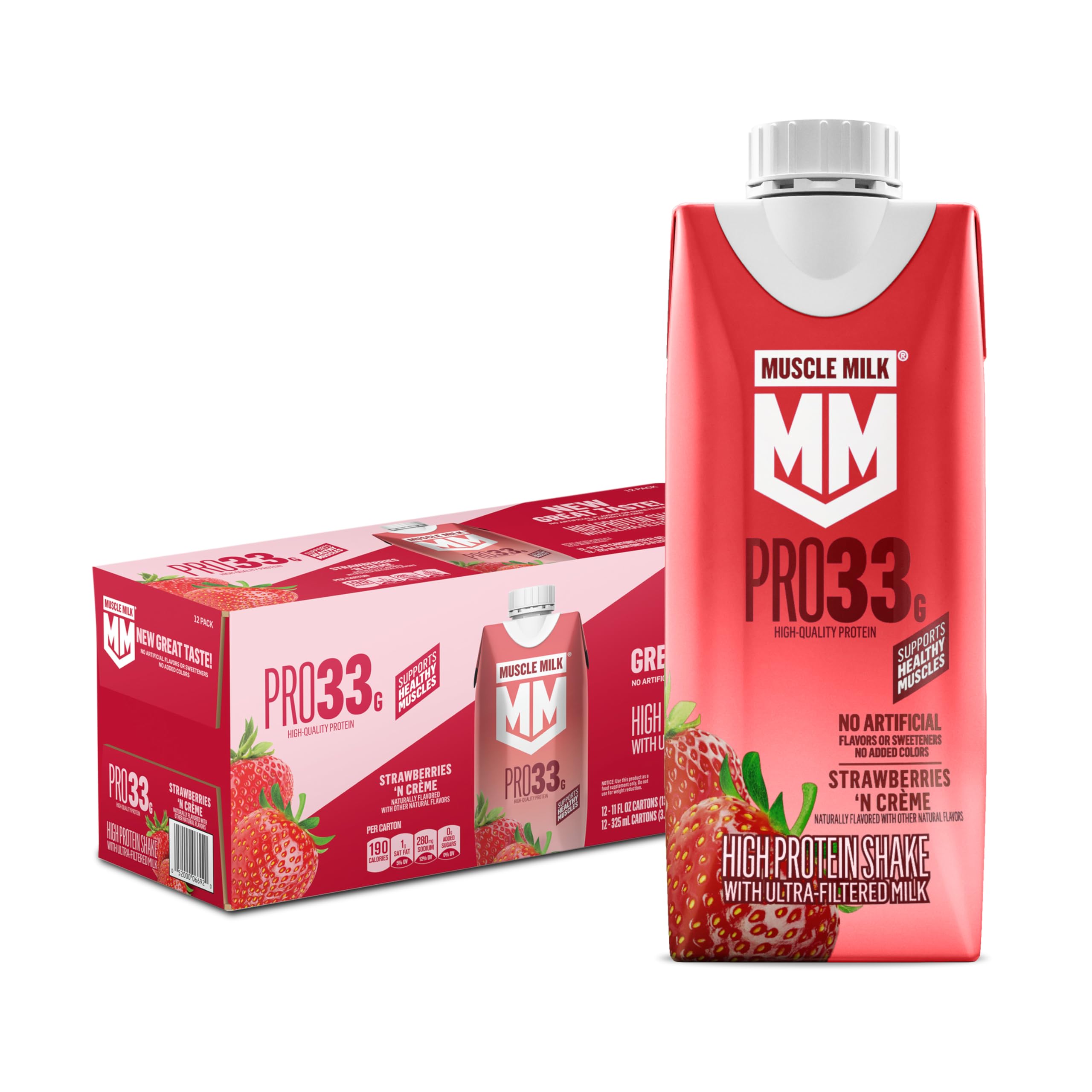 Muscle Milk Pro paquete frontal mostrando 12 cartones y comodidad portátil