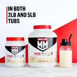 Muscle Milk envase al lado de mano para comparar tamaño y porciones