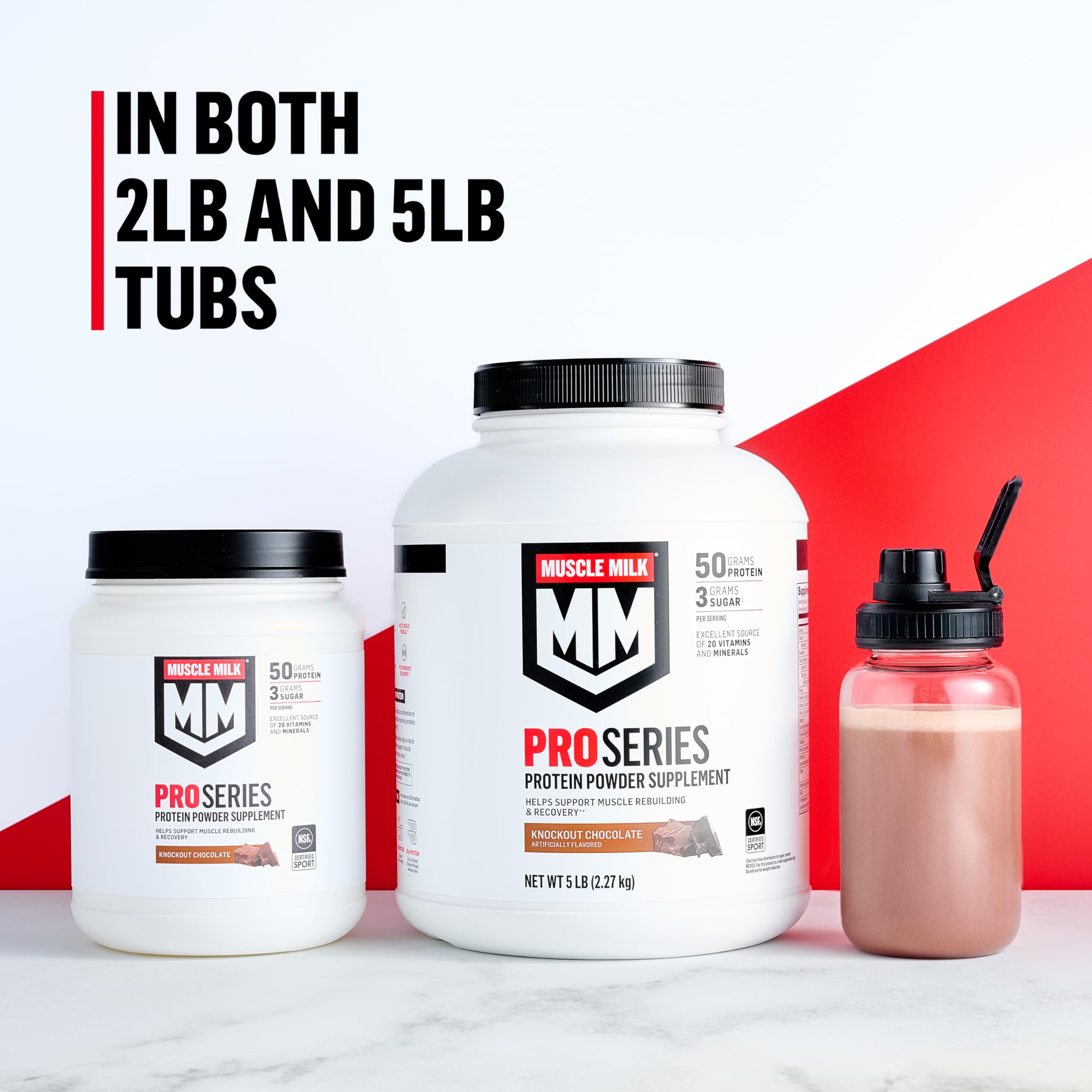 Muscle Milk comparado con mano para escala, tamaño del envase y porciones visibles