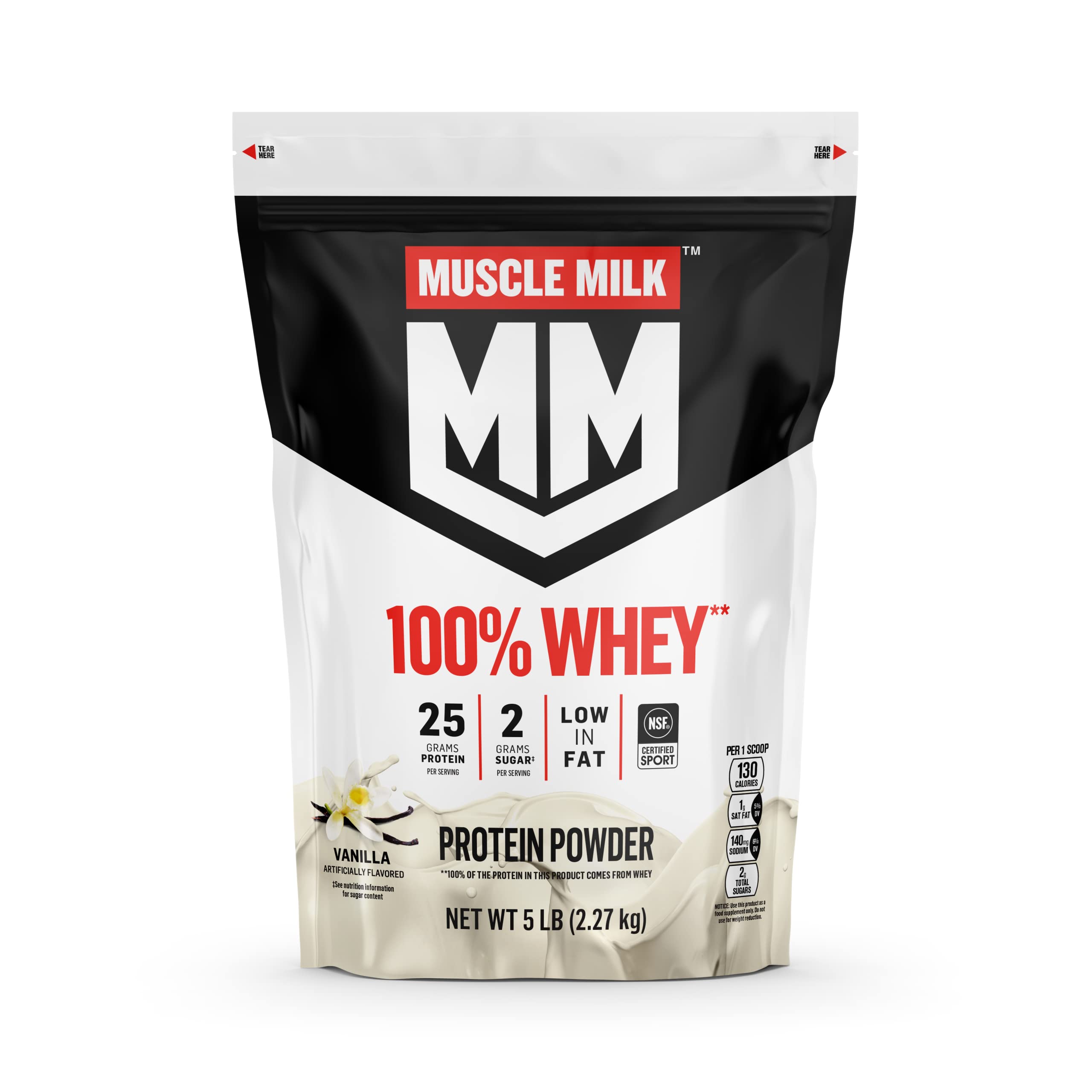Muscle Milk empaque frontal mostrando 5 lb y beneficios de proteína