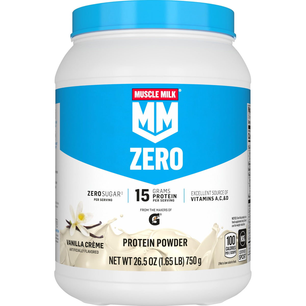 Muscle Milk ZERO bote frontal mostrando la marca y beneficio de 15 g proteína